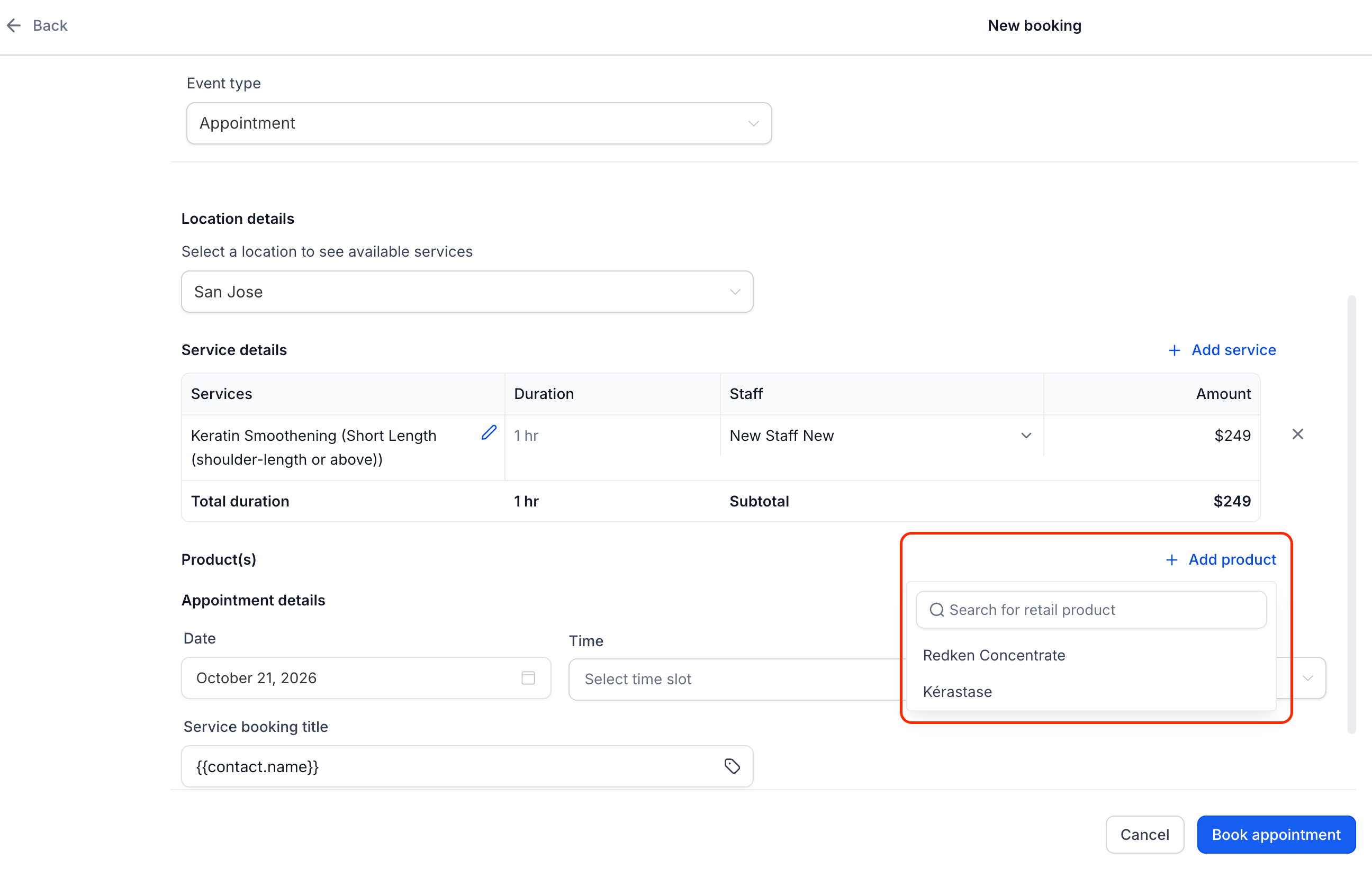 Searching for and selecting a retail product in the appointment modal