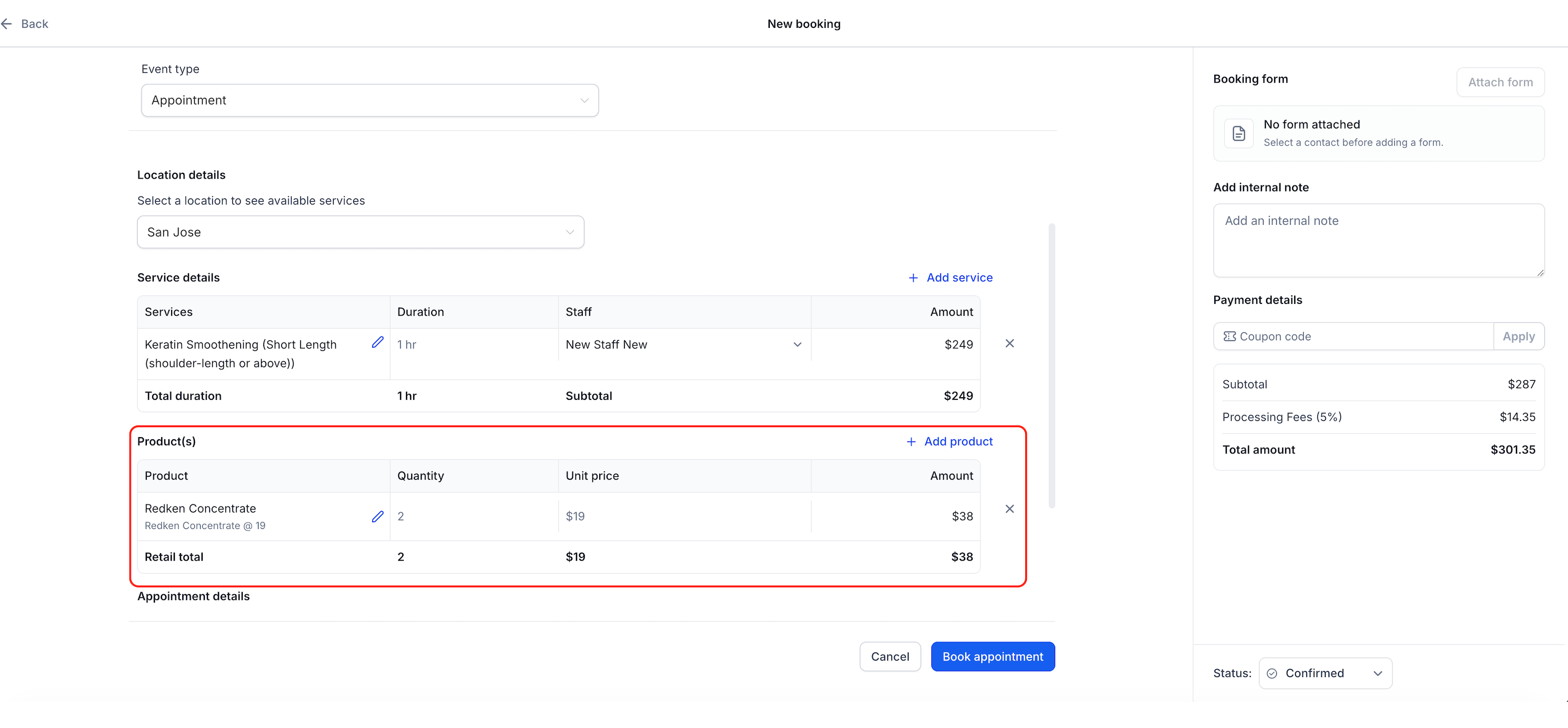 Payment summary showing retail charges alongside service charges in a Captivation Hub appointment