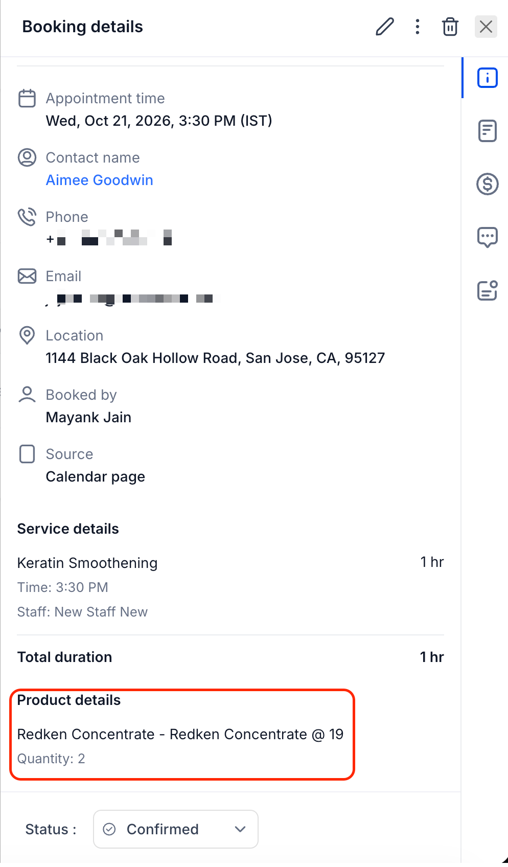 Retail product details shown in the Captivation Hub booking details view