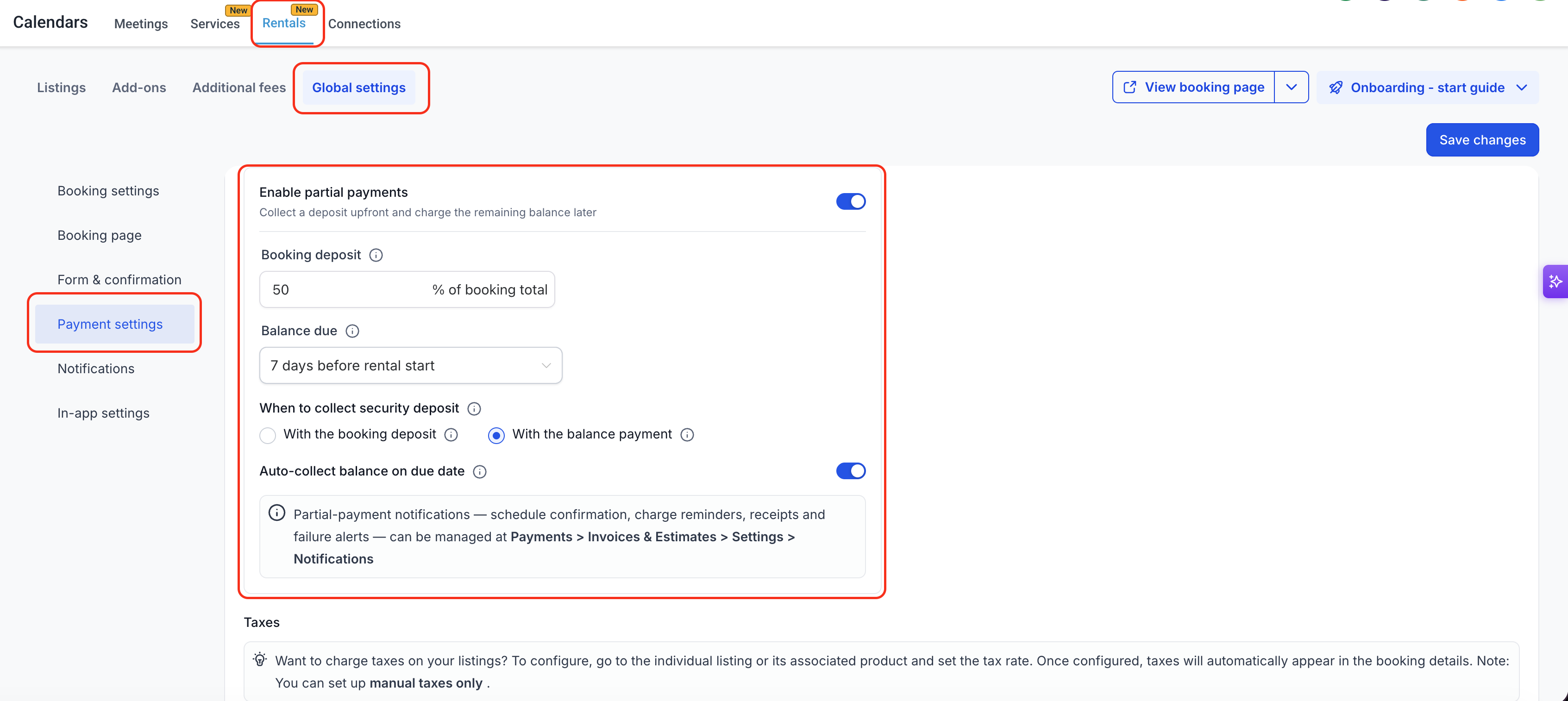 Rentals Global Settings — Payment settings showing Partial Payments configuration options in Captivation Hub