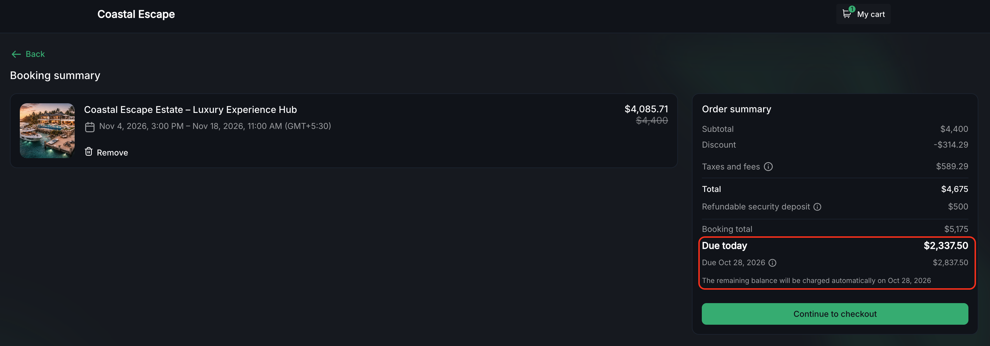 Customer checkout summary showing due today amount and upcoming payment date for a Captivation Hub rental booking