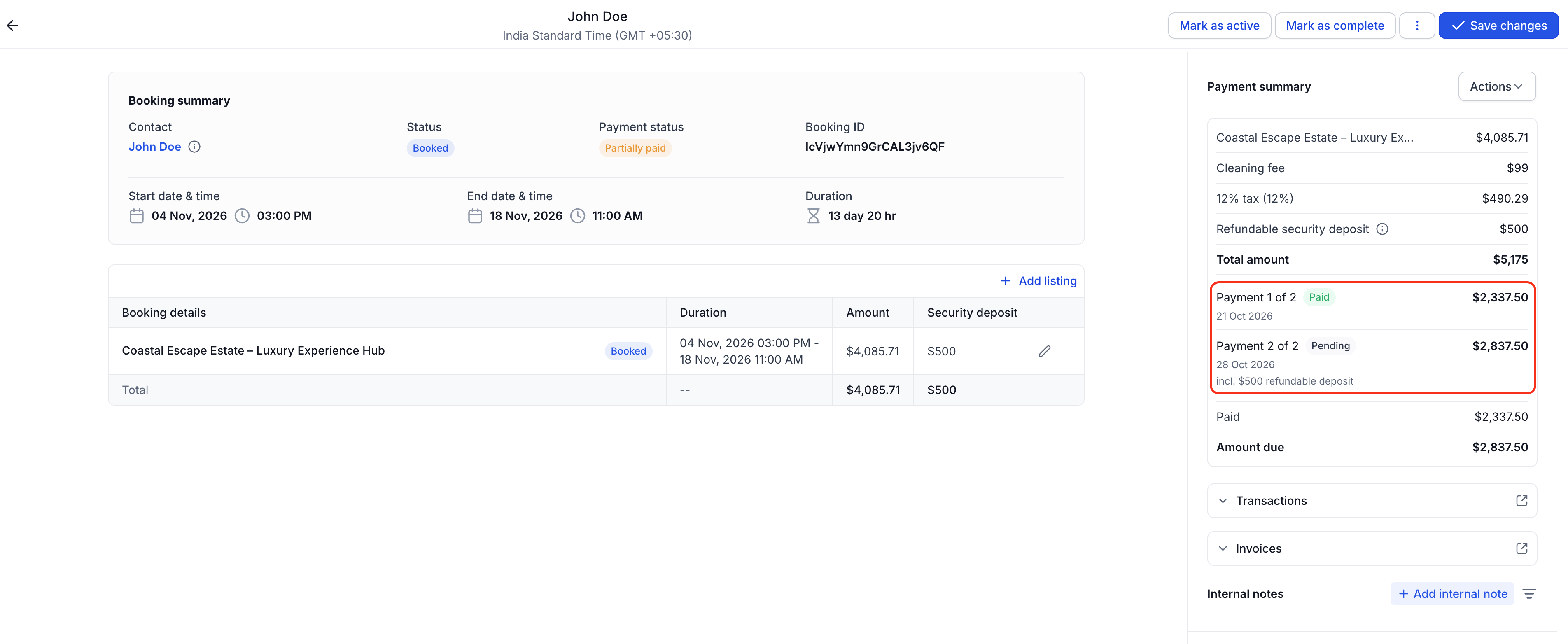 Collecting a scheduled payment from the rental booking sidebar in Captivation Hub
