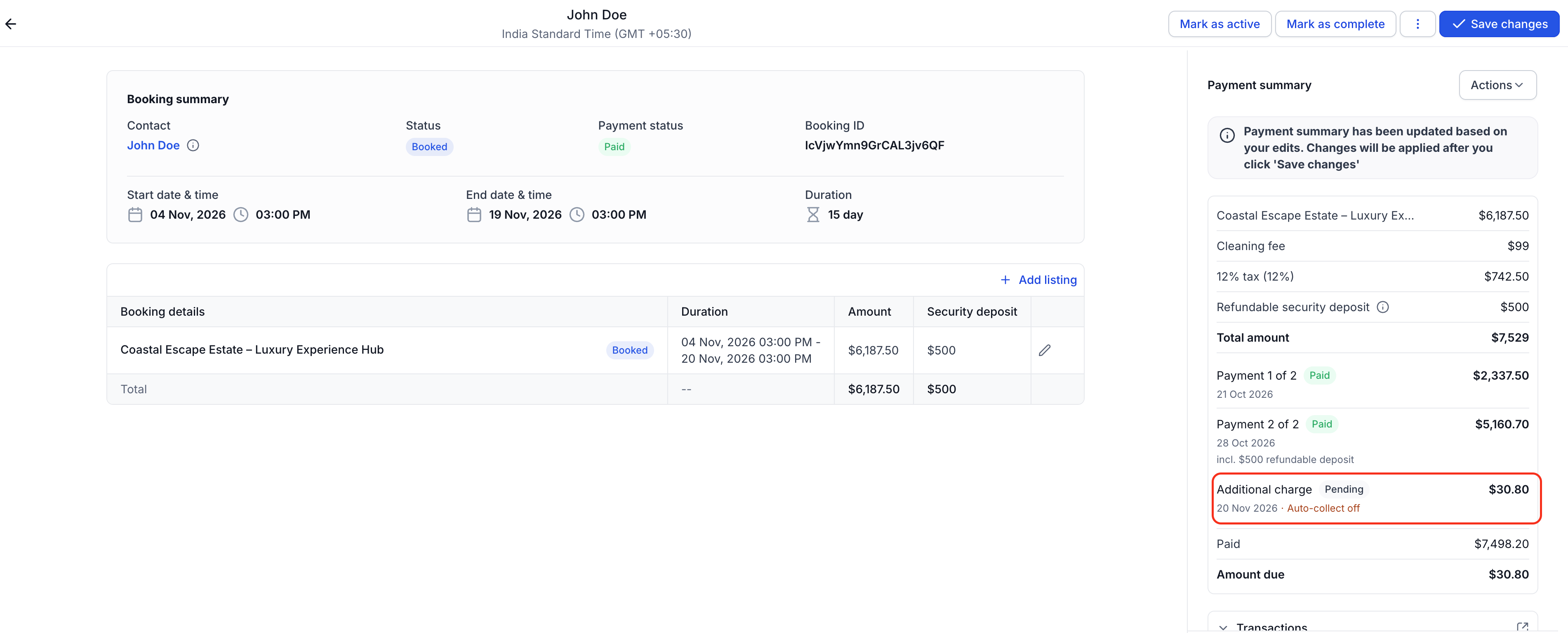 Additional Charge row showing pending status after a booking amount increases following full payment
