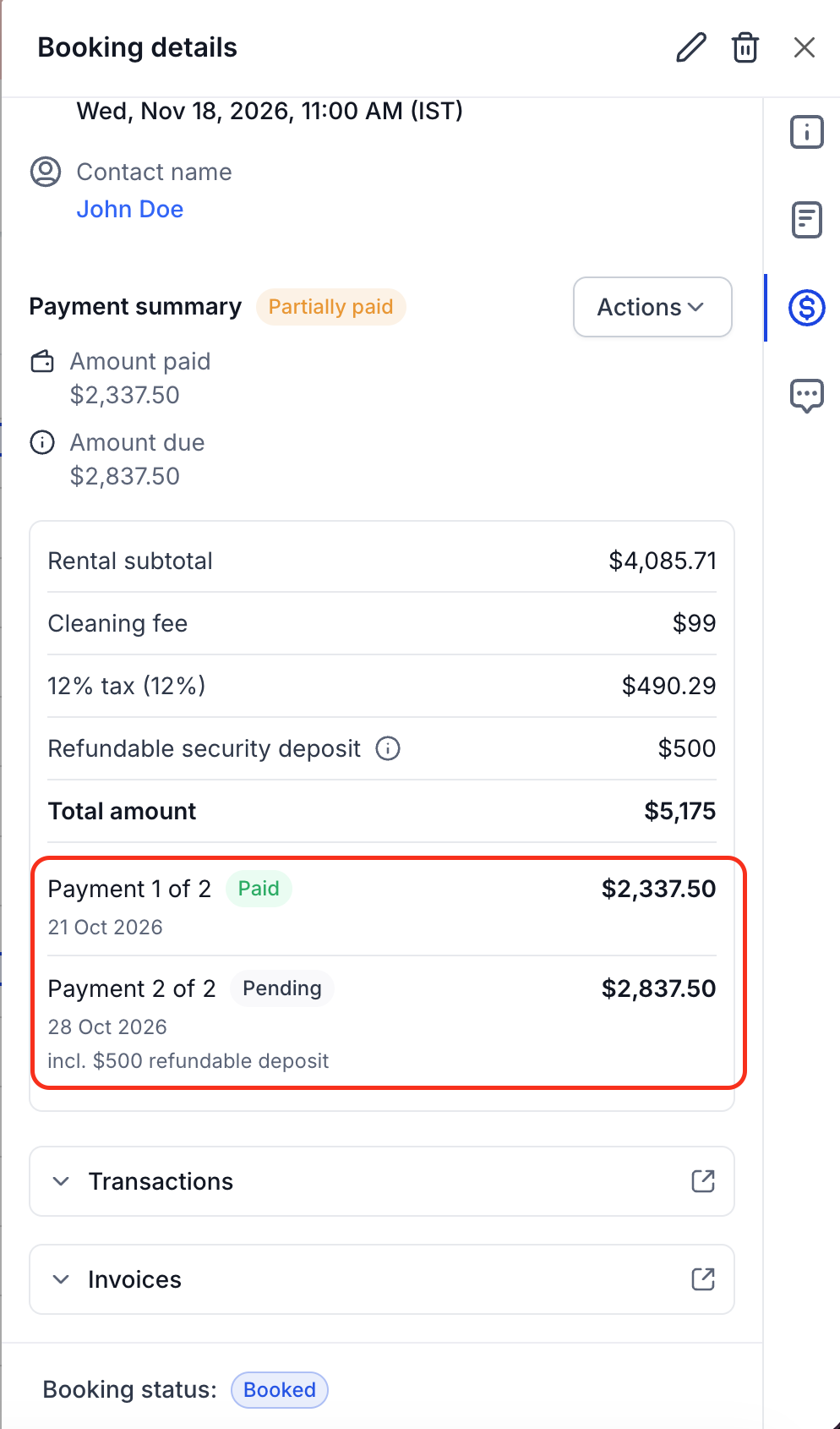 Rental booking payment summary showing installment statuses in Captivation Hub