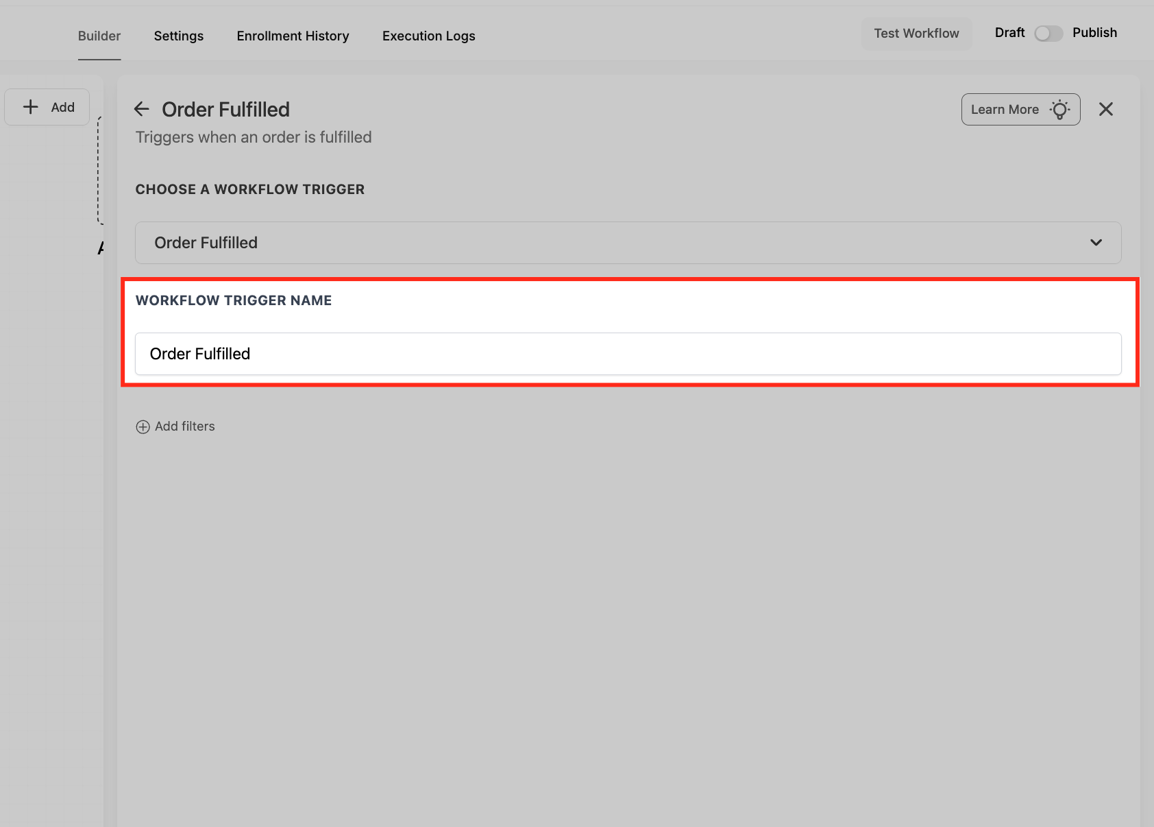 Naming the Order Fulfilled workflow trigger in Captivation Hub