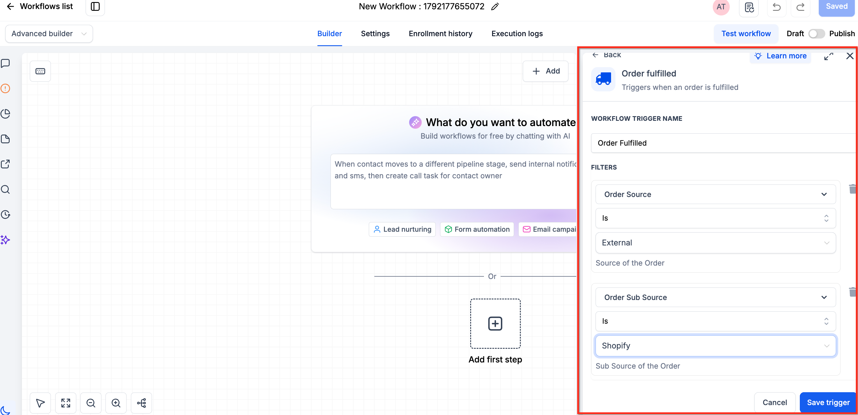 Configuring Shopify fulfillment filters for the Order Fulfilled trigger