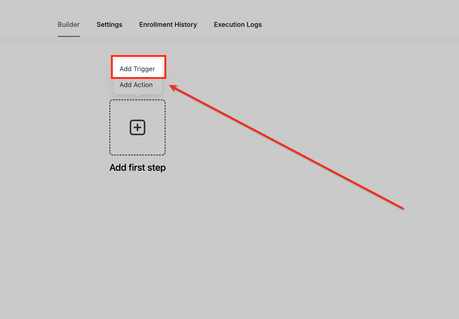 Add Trigger button in the Captivation Hub workflow builder