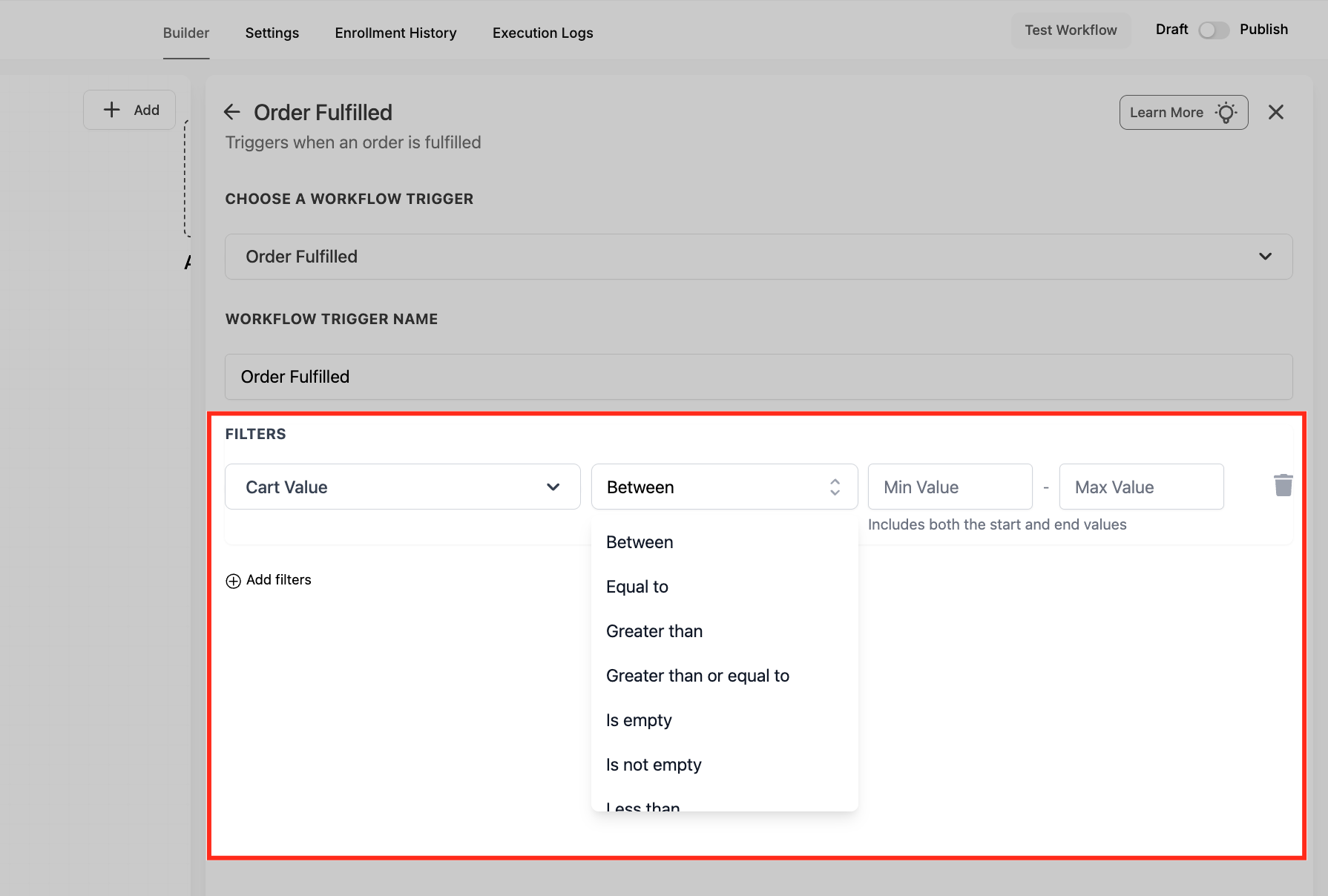 Setting up Cart Value filter rules for the Order Fulfilled trigger