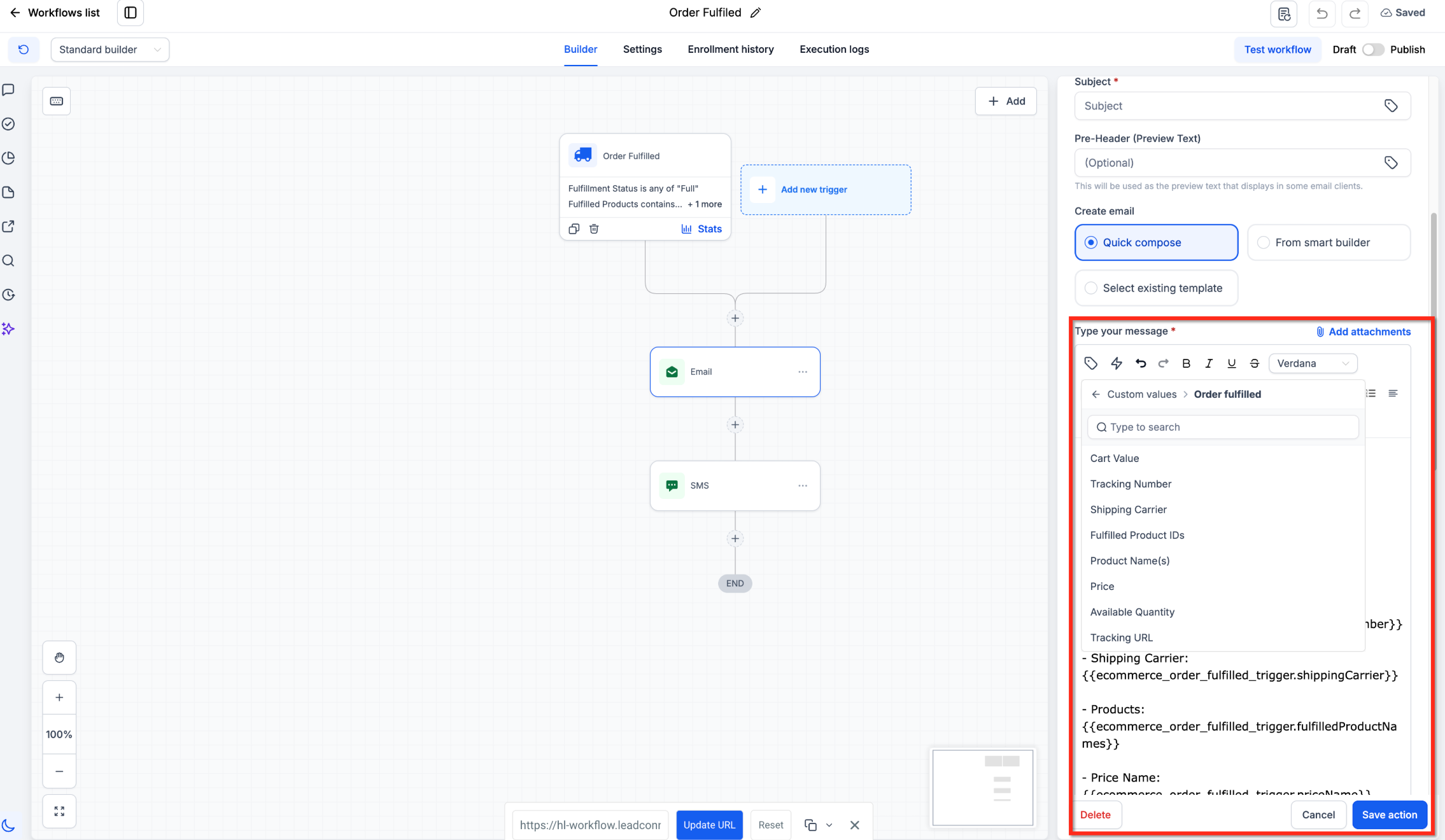 Using Order Fulfilled custom values in a workflow email action
