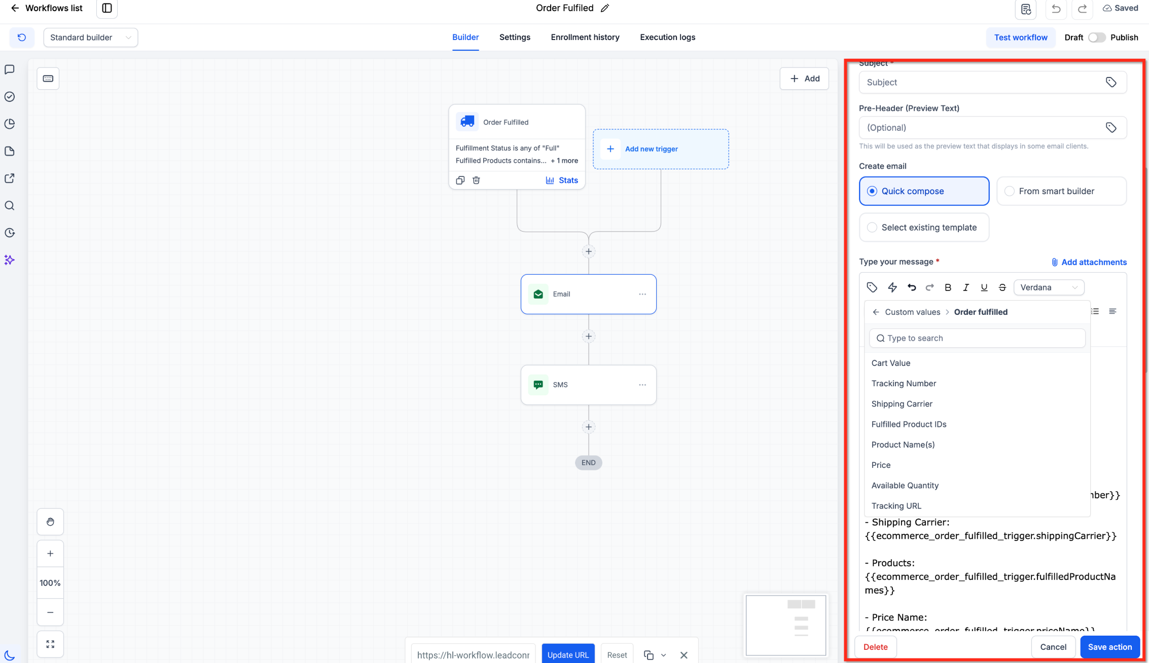 Inserting Order Fulfilled custom values into a workflow SMS action
