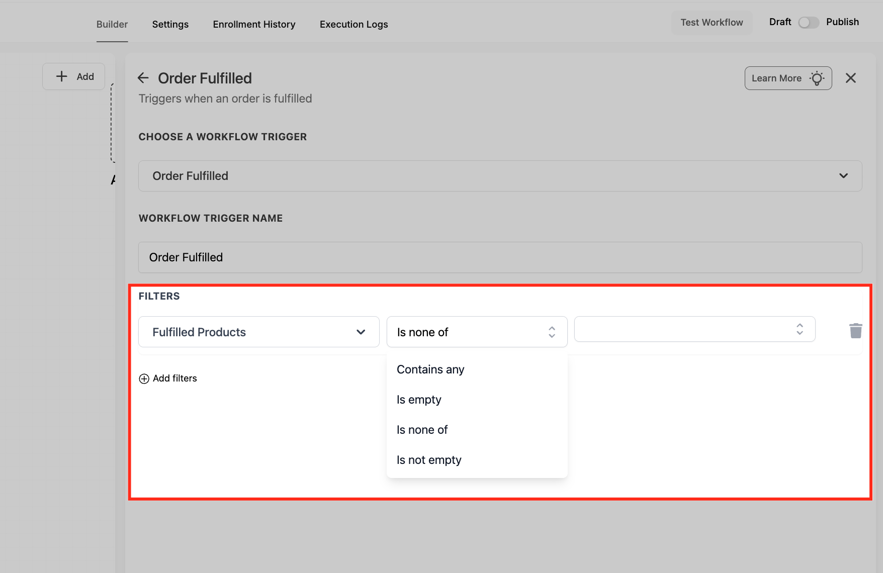 Configuring Cart Value filter conditions for the Order Fulfilled trigger