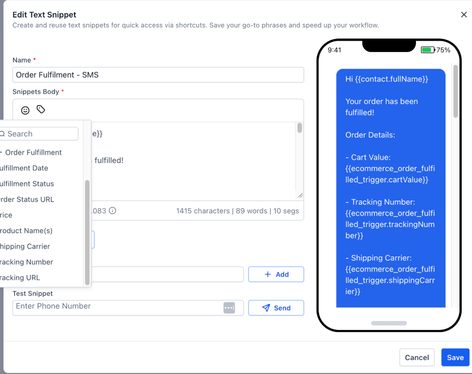 Adding Order Fulfilled custom values to an email template or snippet