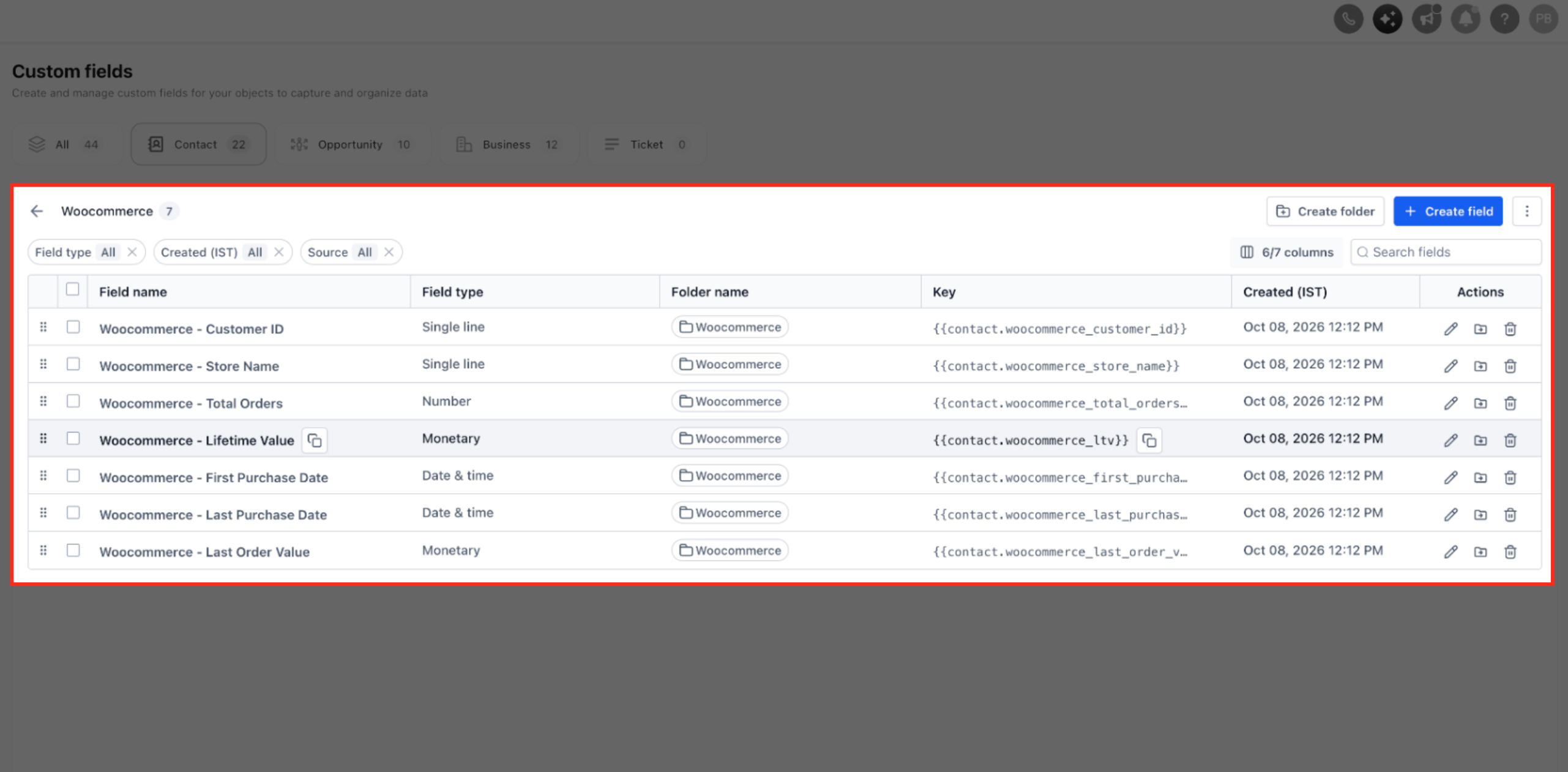 WooCommerce contact enrichment fields shown in Captivation Hub Contact Custom Fields