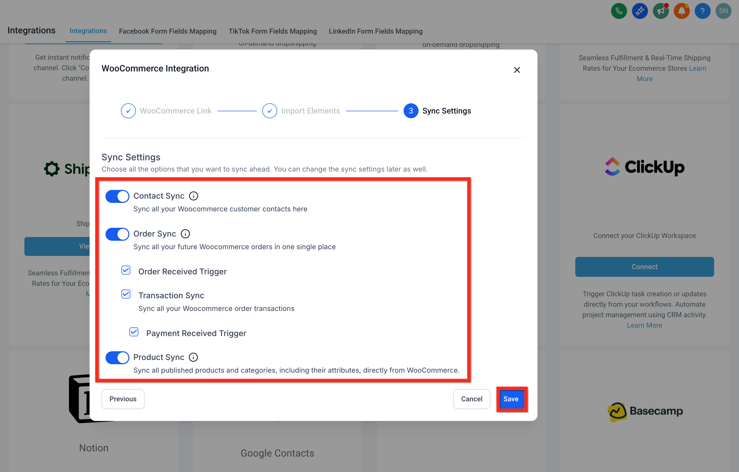 WooCommerce sync settings saved in Captivation Hub