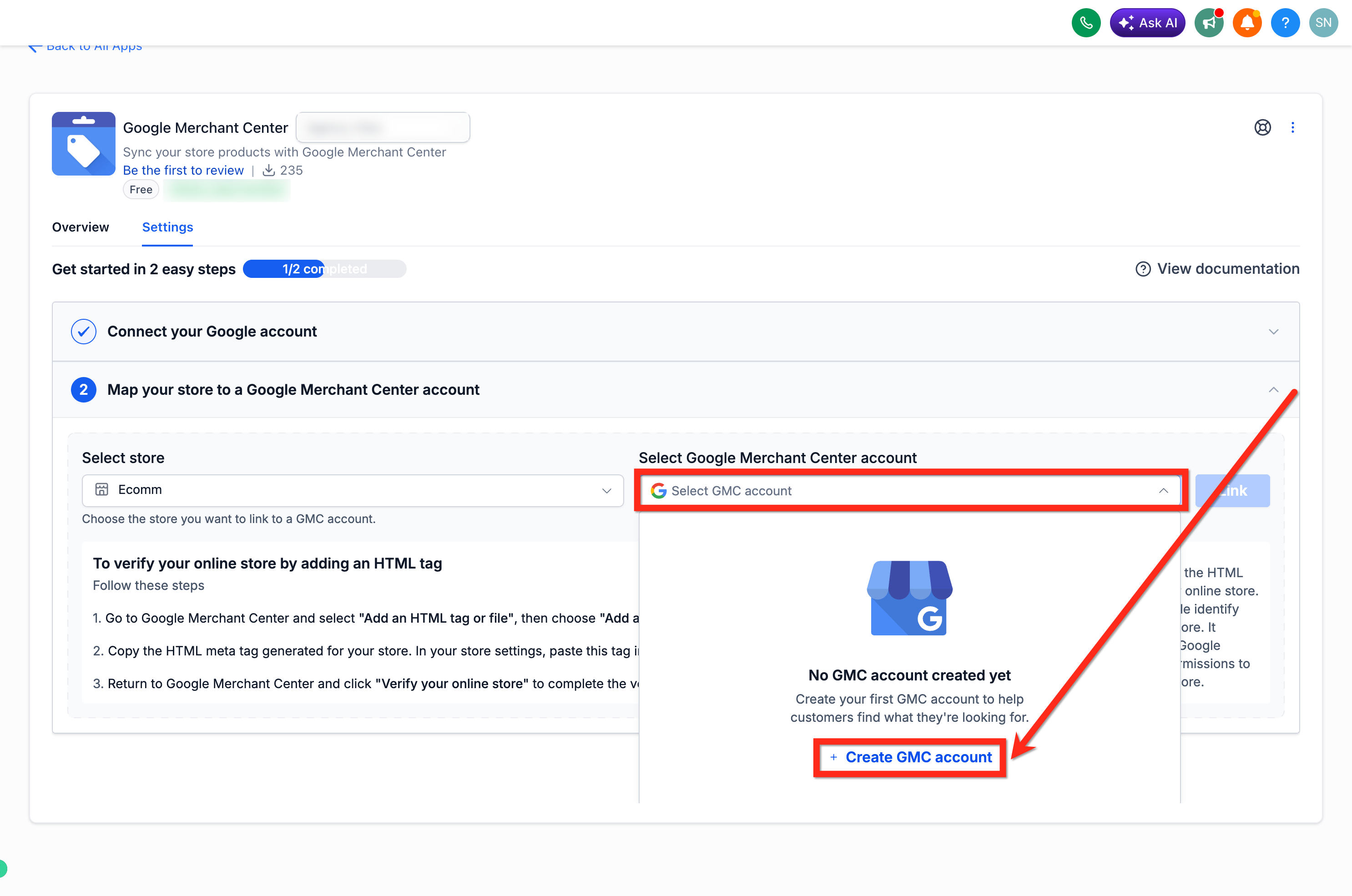 Selecting or creating a Google Merchant Center account