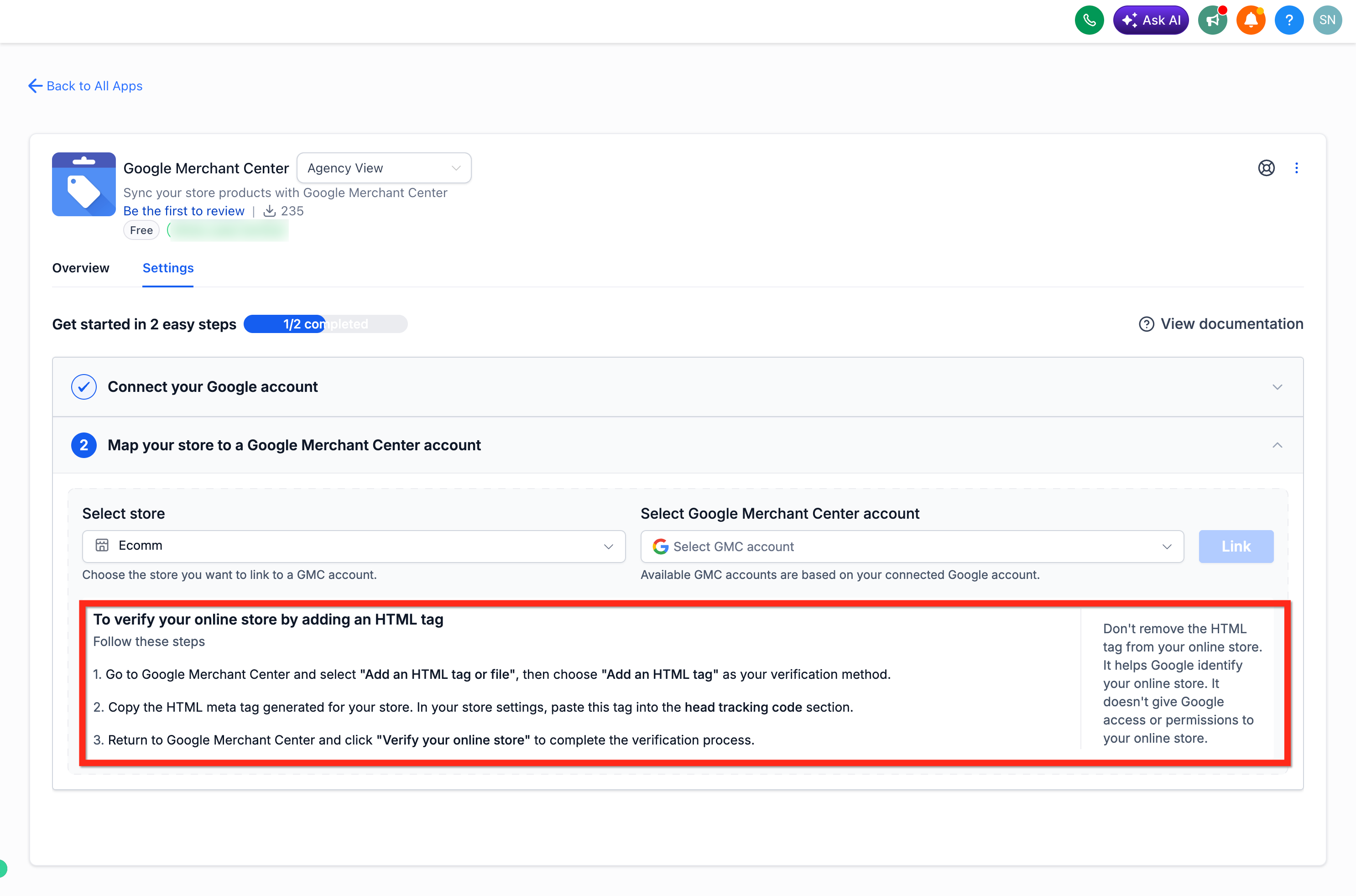 Verifying the store domain in Google Merchant Center