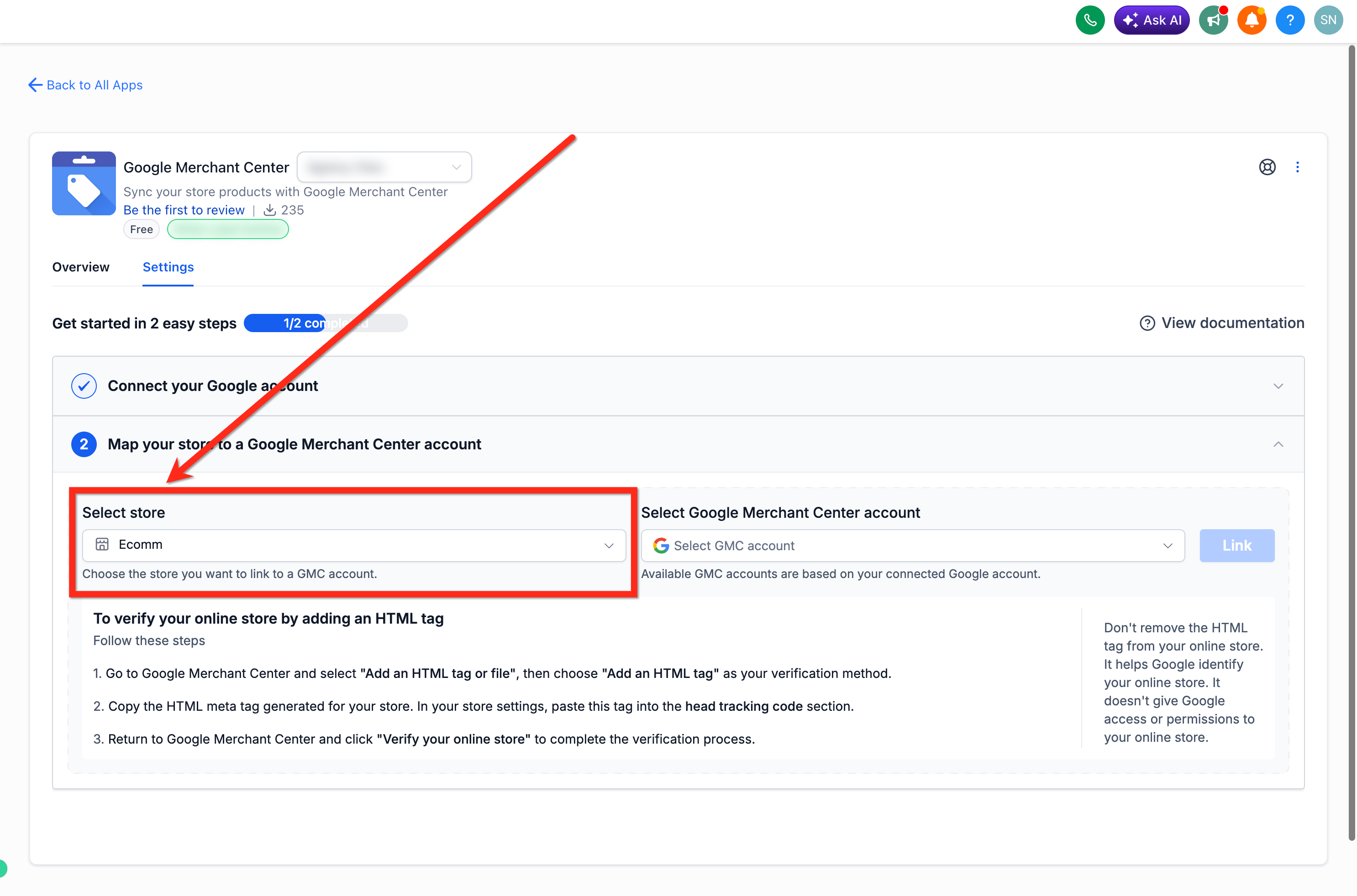 Selecting the e-commerce store to connect to Merchant Center