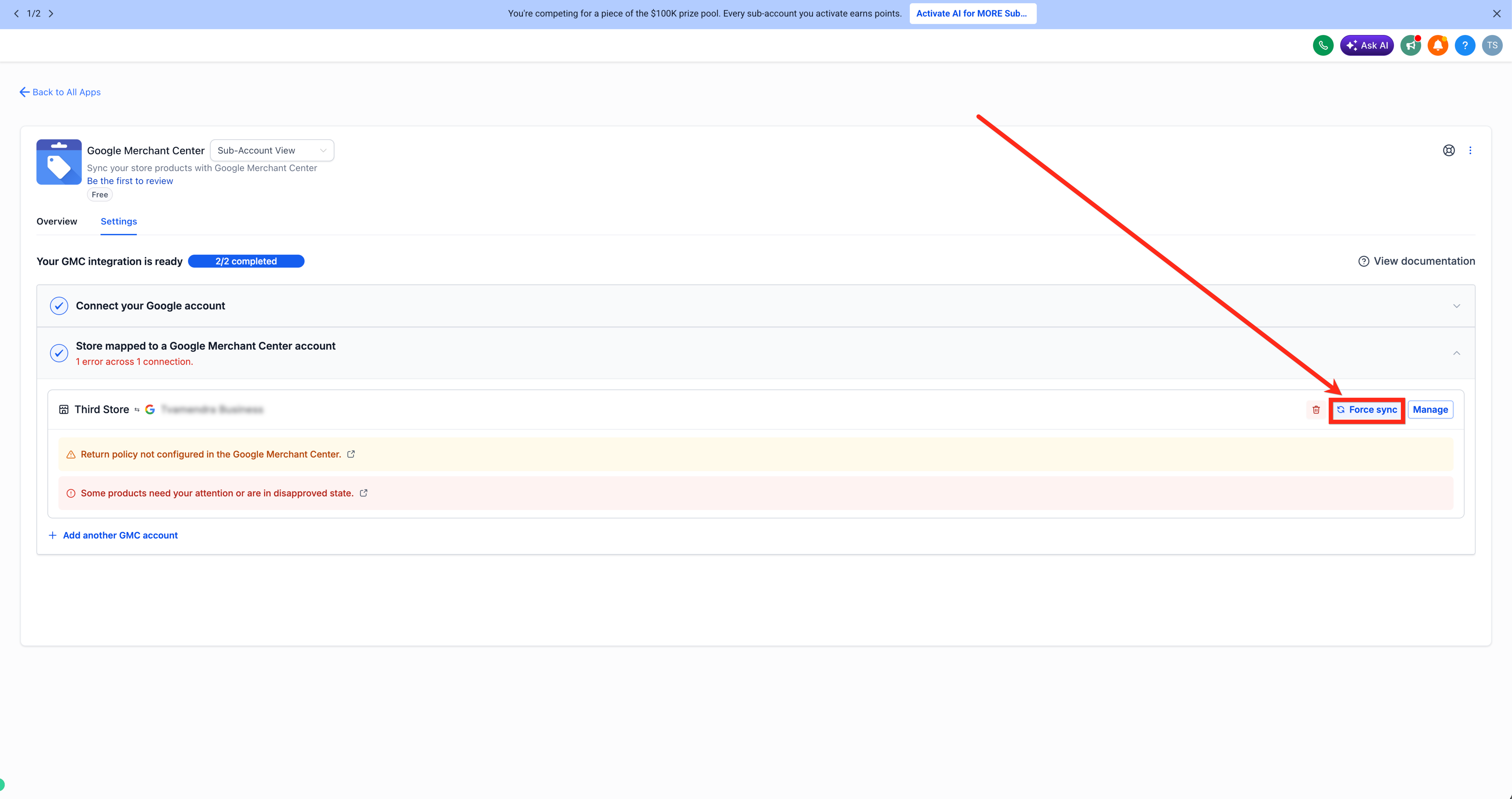 Force Sync option in the Google Merchant Center integration