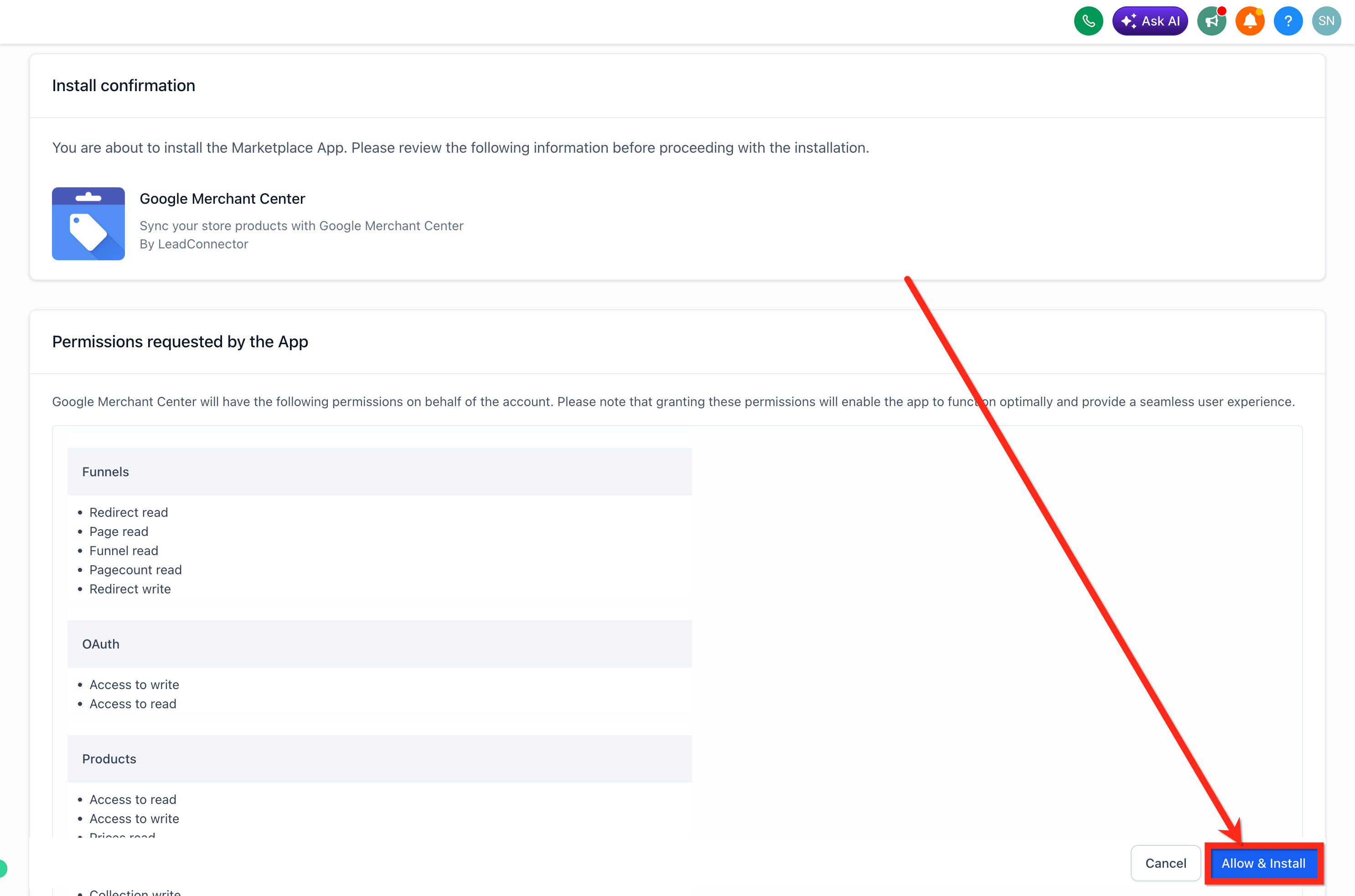 Installing the Google Merchant Center app