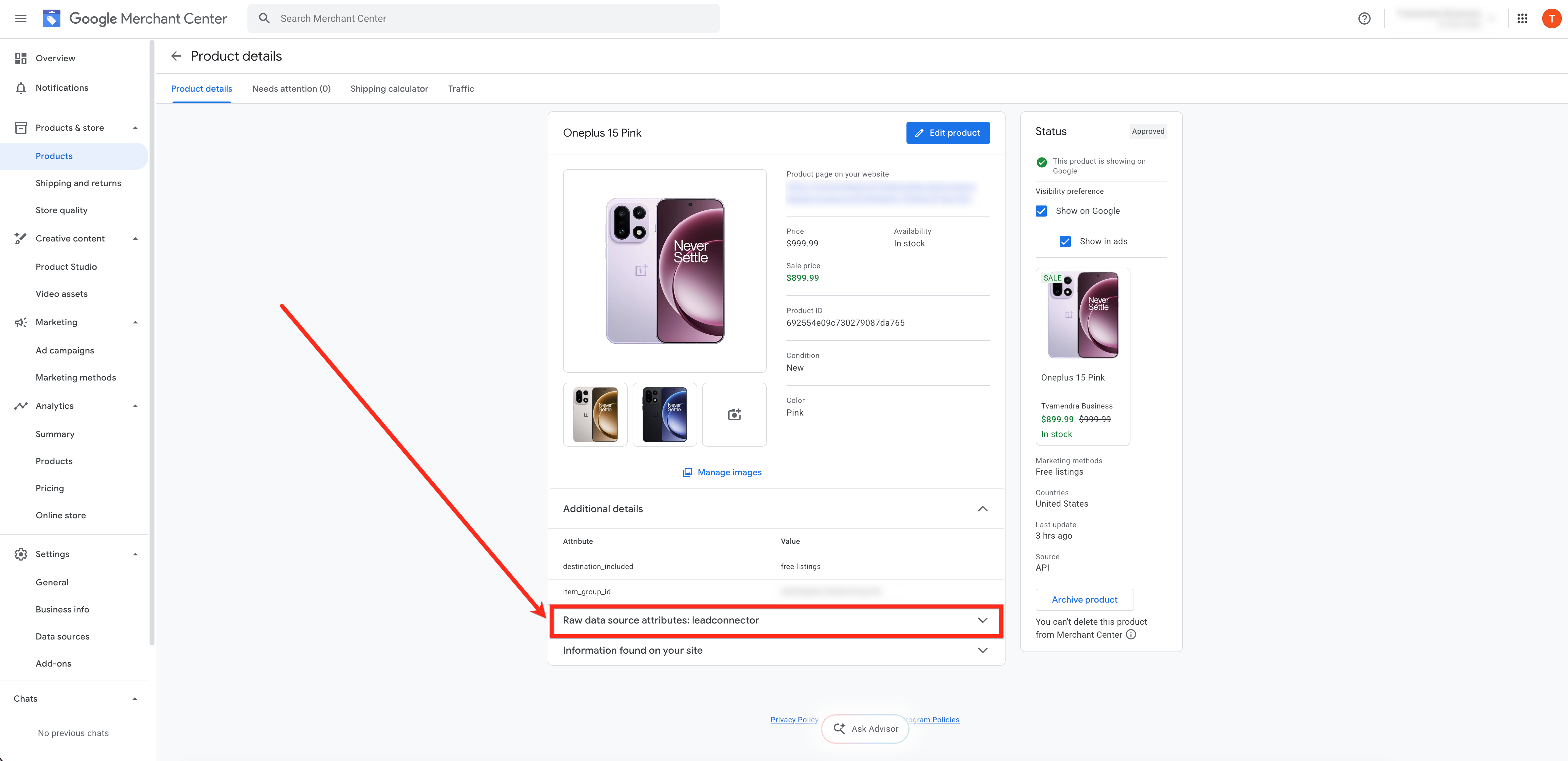 The leadconnector data source in Google Merchant Center