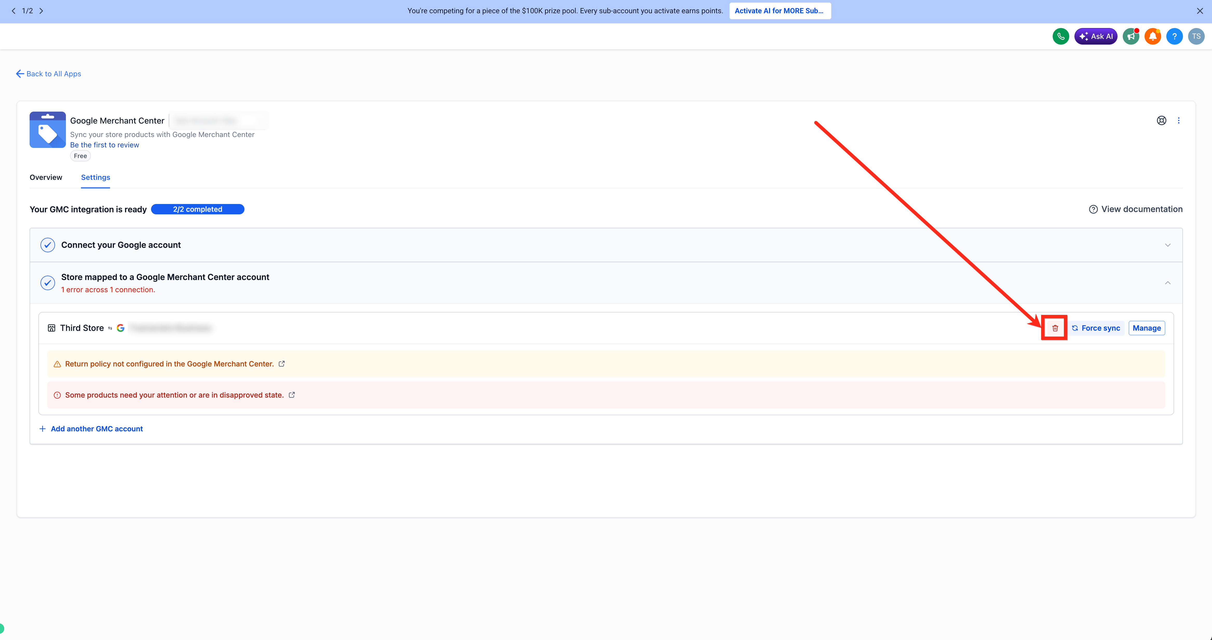 Removing a store connection from Google Merchant Center