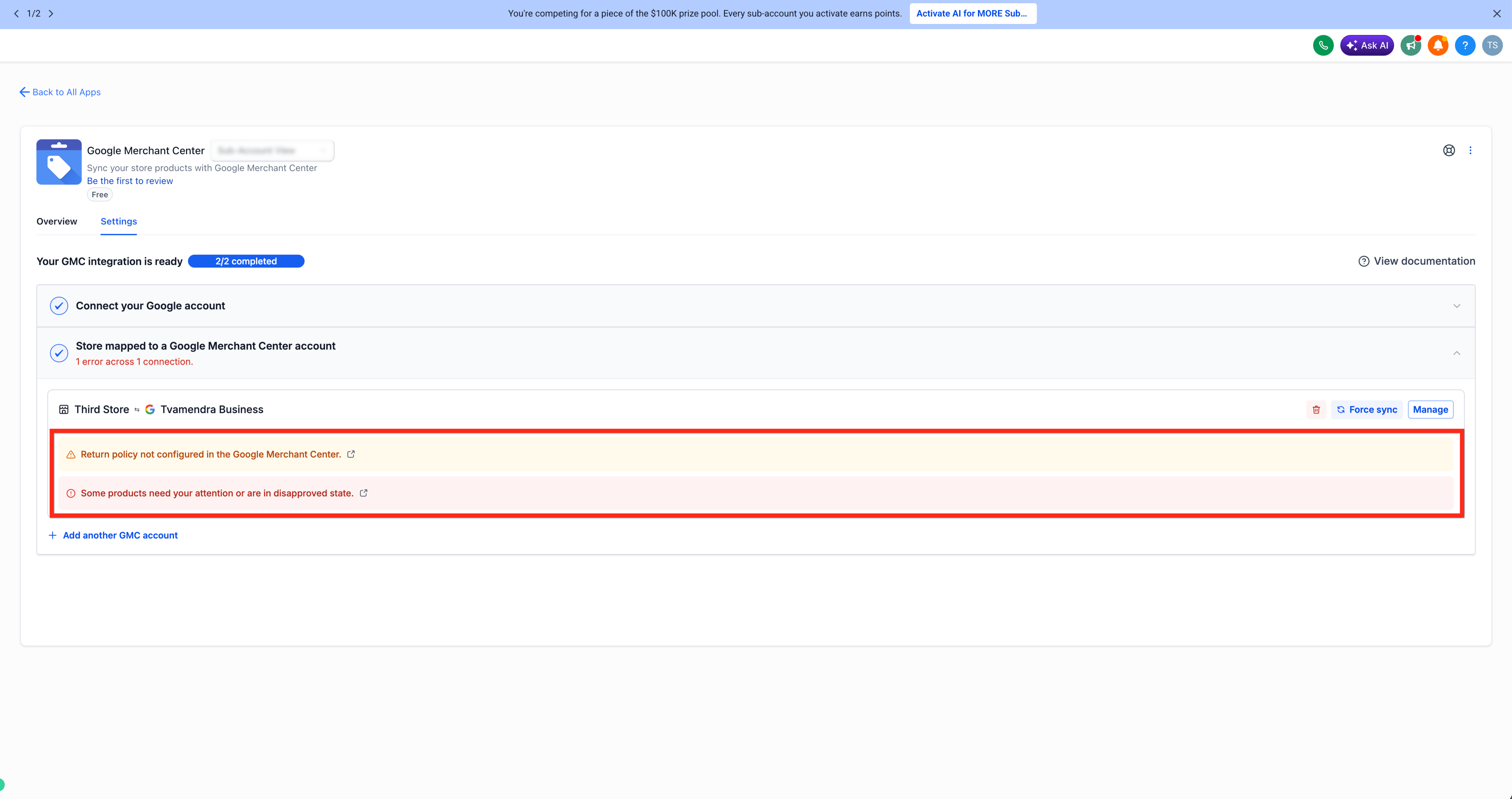 Product approval status and error warnings in the integration