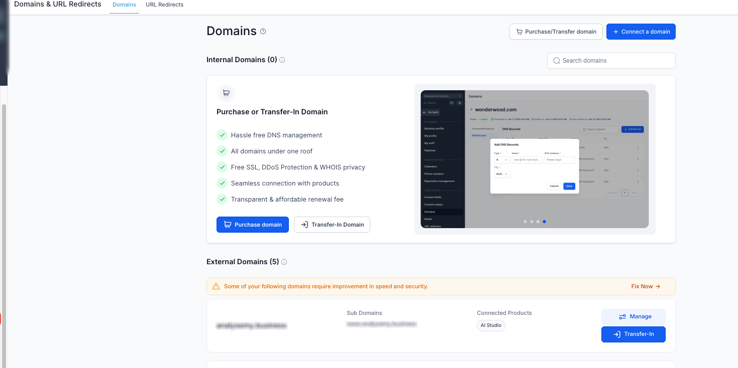 Domain connection screen in Captivation Hub settings