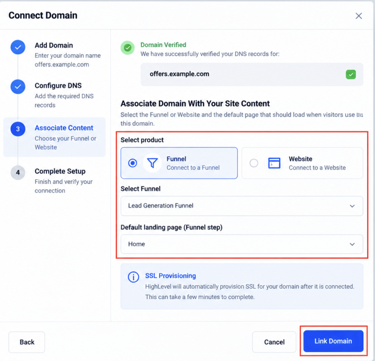 Associating a verified domain with a Funnel or Website in Captivation Hub