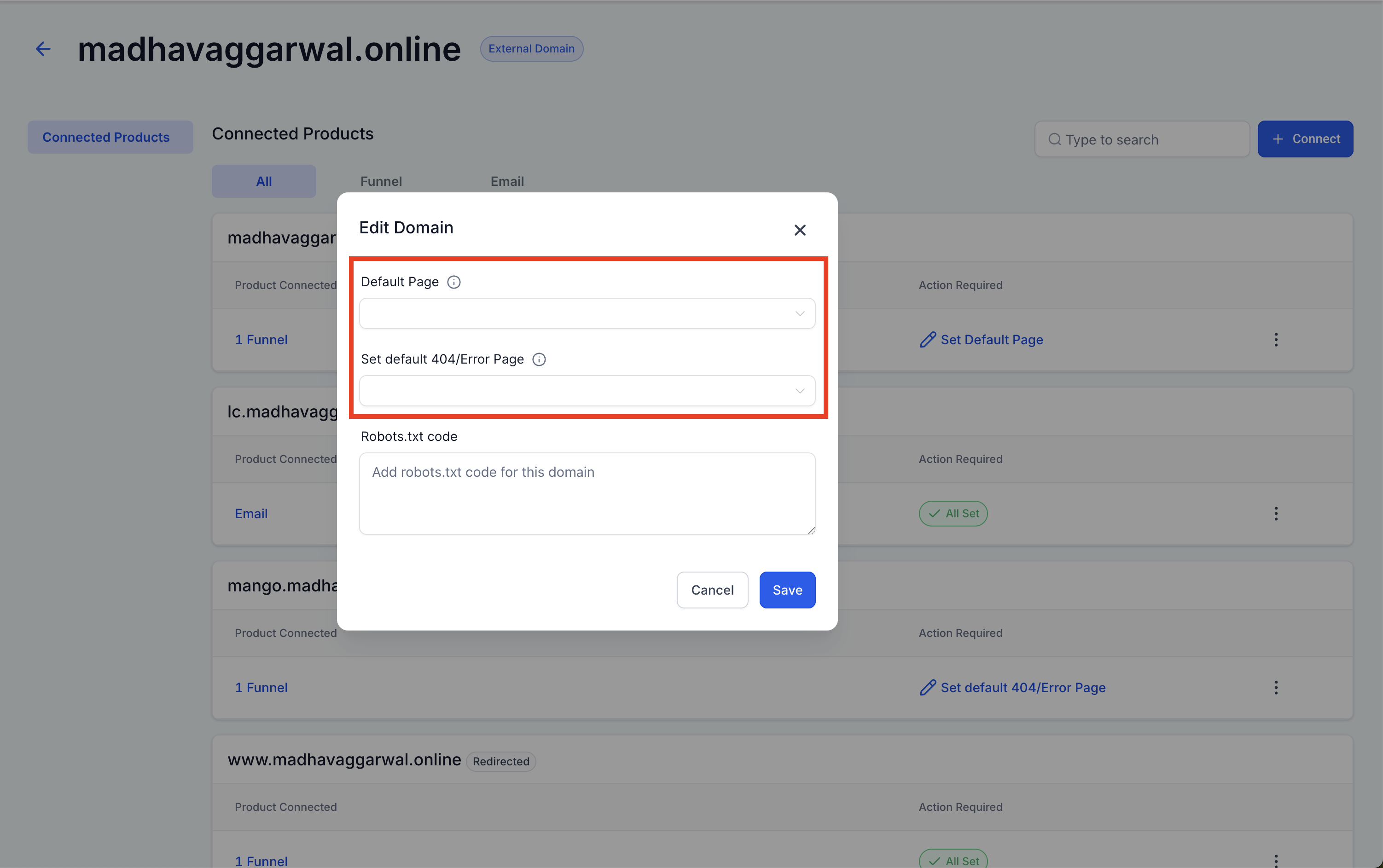 Domain management screen showing connected products and default page settings
