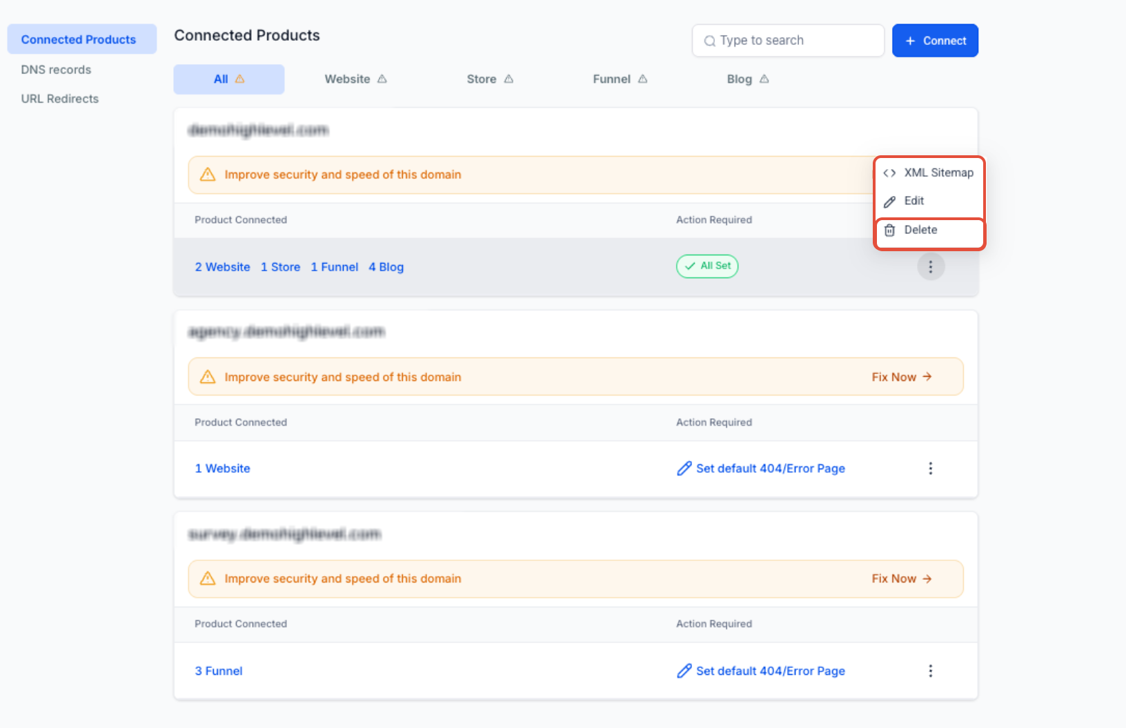 Deleting a domain from Captivation Hub Domains settings