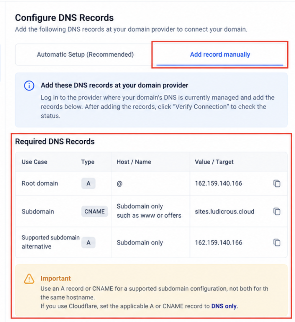 Manual DNS record setup for domain connection