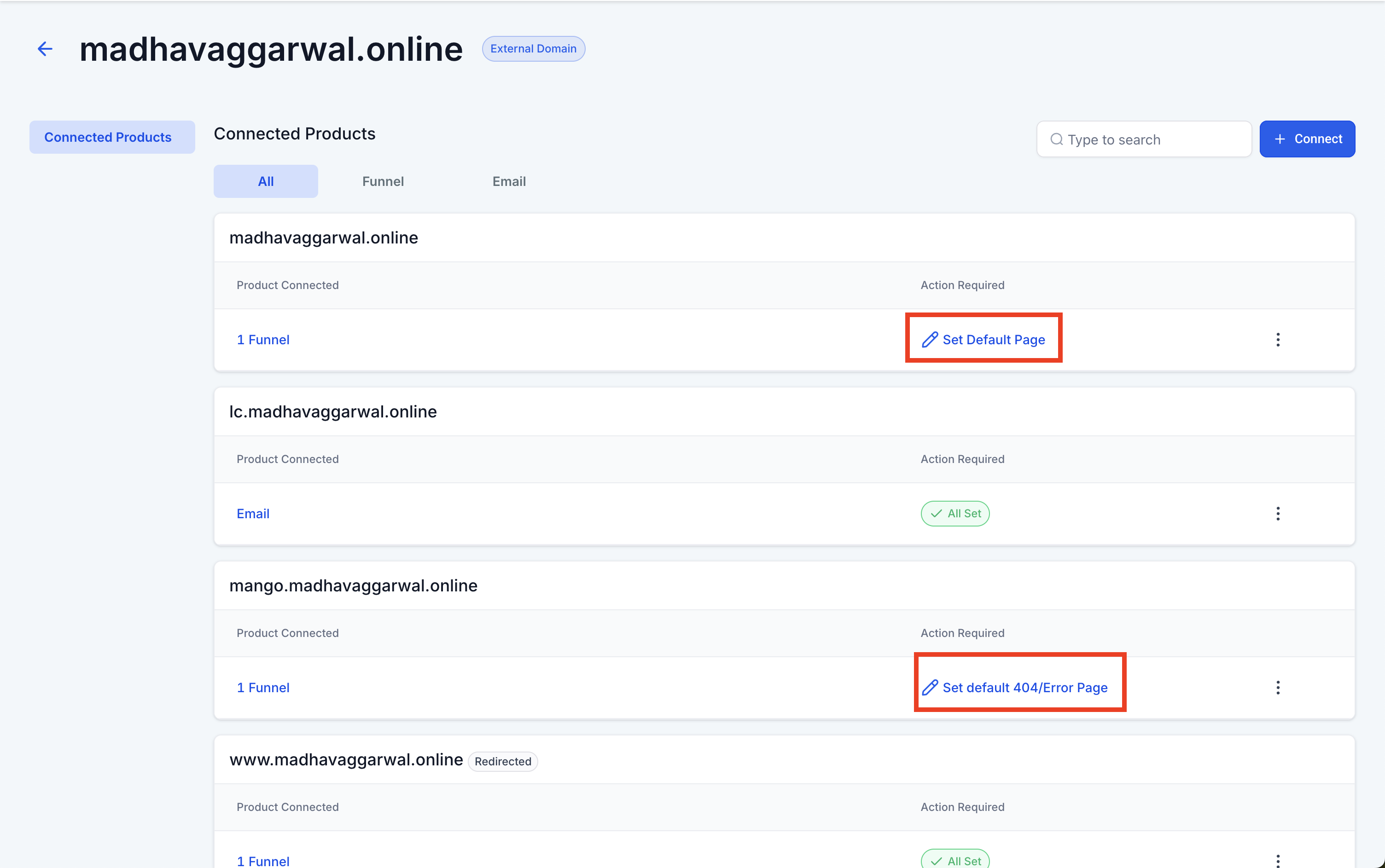 Configuring the default page and 404 error page for a connected domain