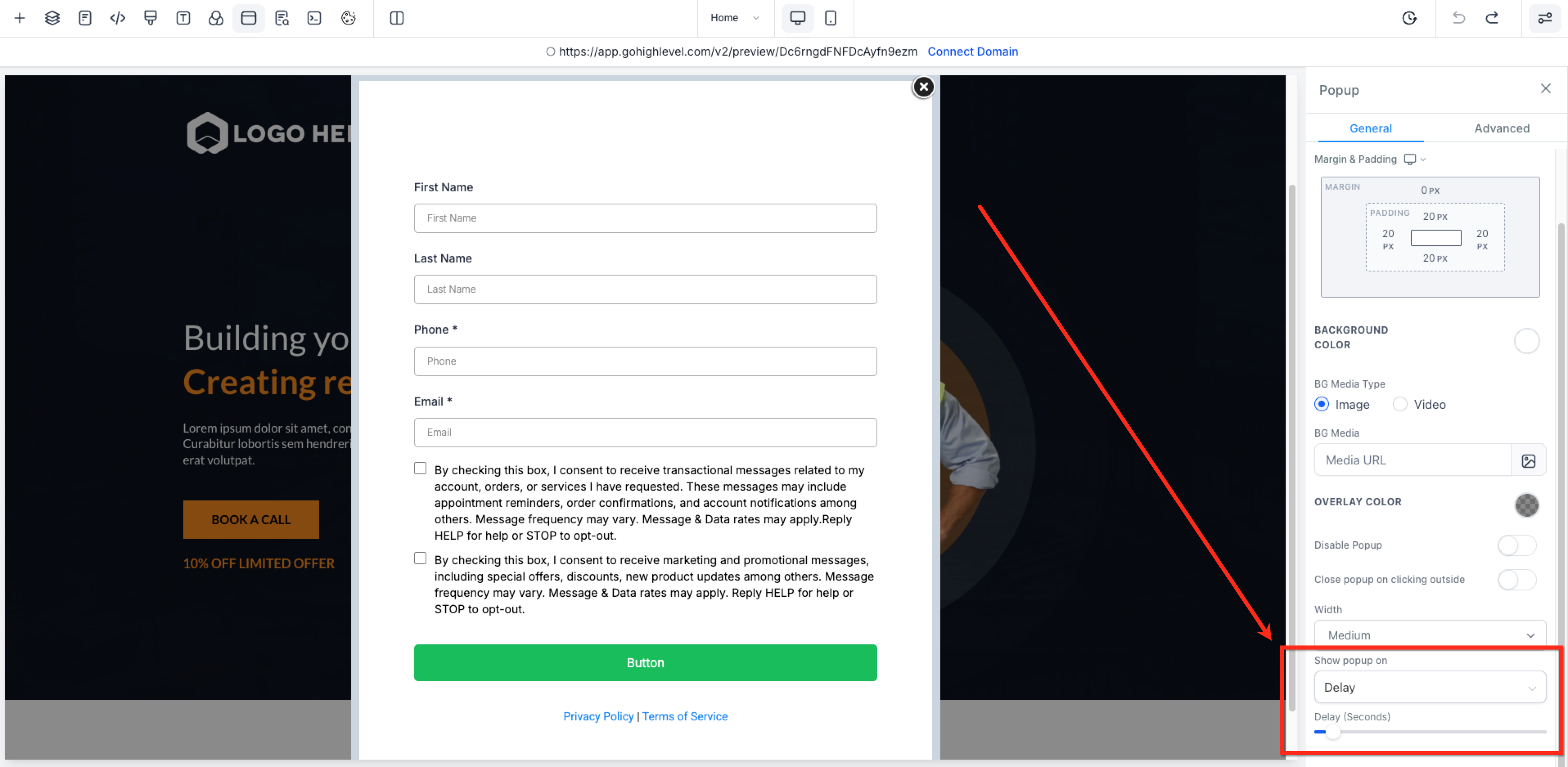 Popup trigger type options — Delay, Exit Intent, and None