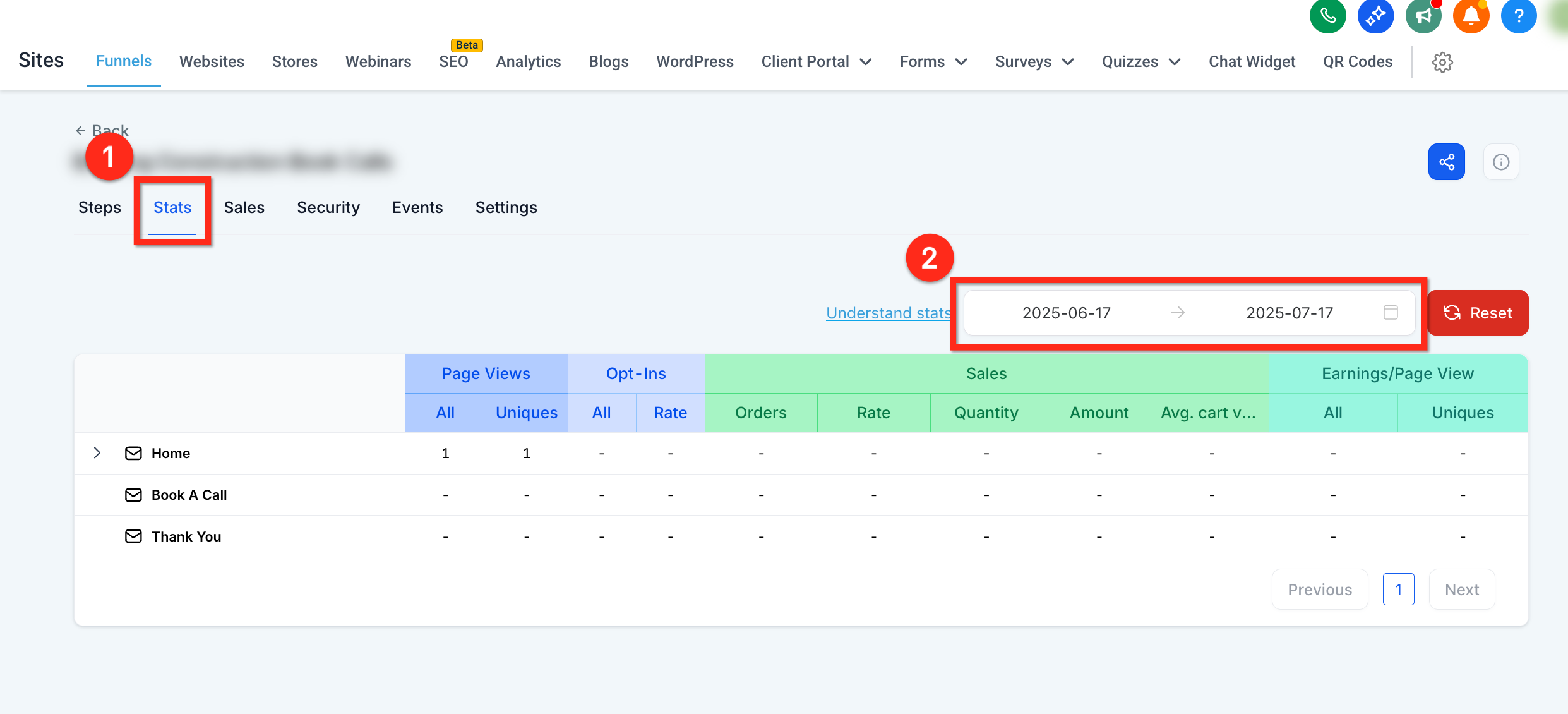 Stats tab inside the Captivation Hub funnel editor showing the date range dropdown