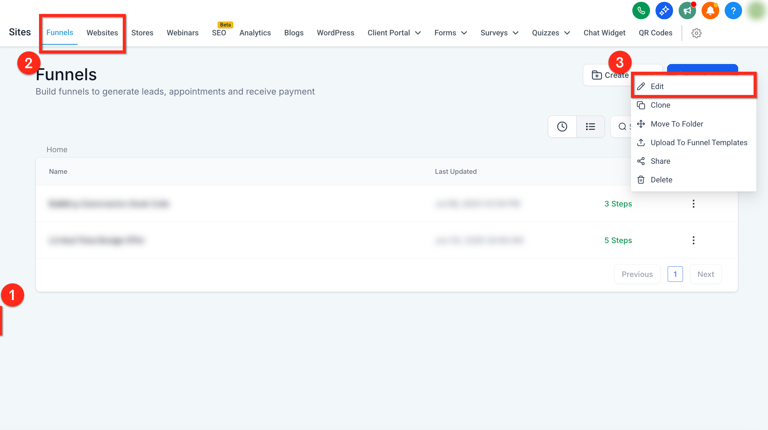 Navigating to the Funnels section and selecting a funnel to edit in Captivation Hub