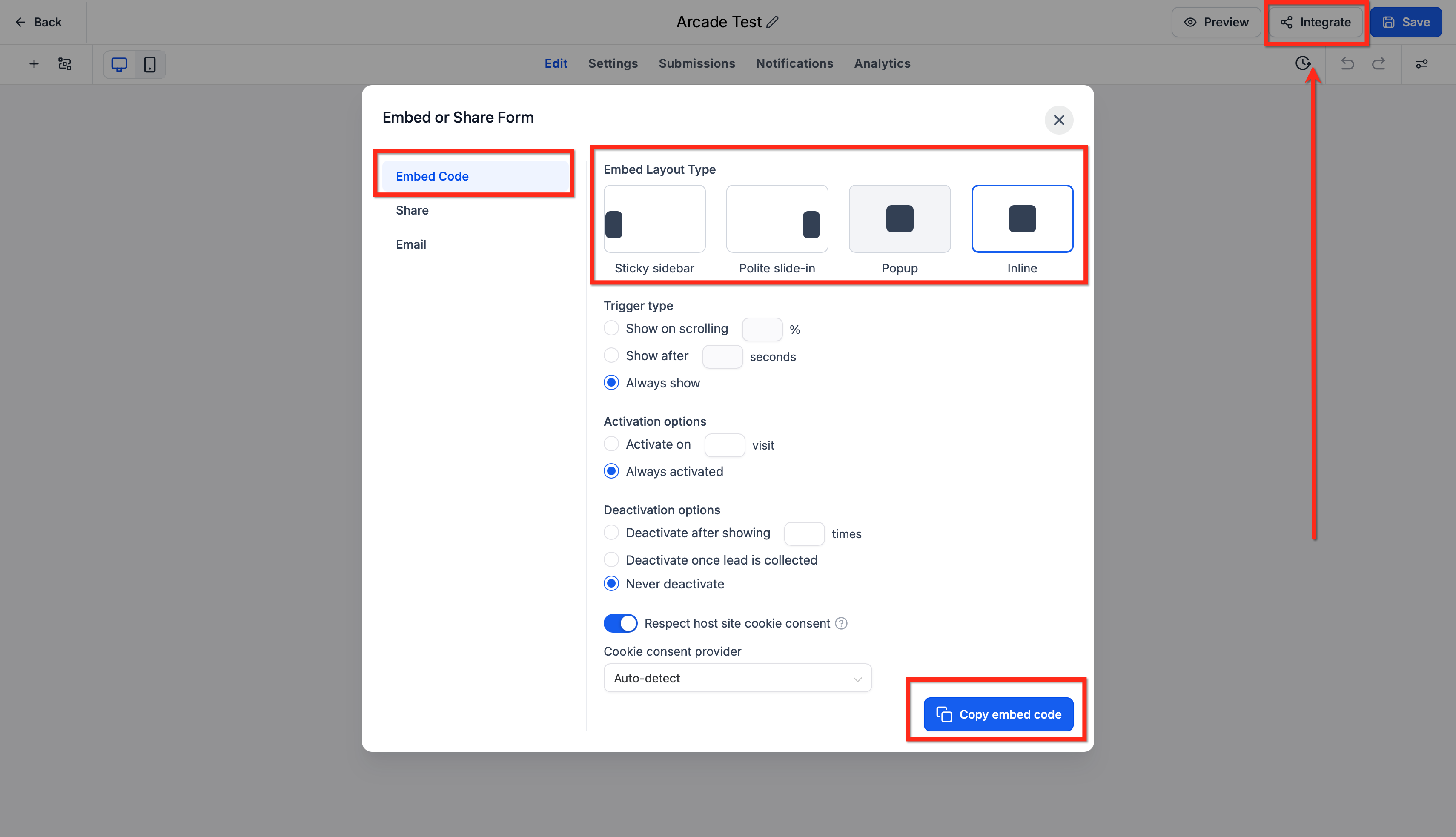Copying the embed code from the Integrate tab in Captivation Hub's form builder
