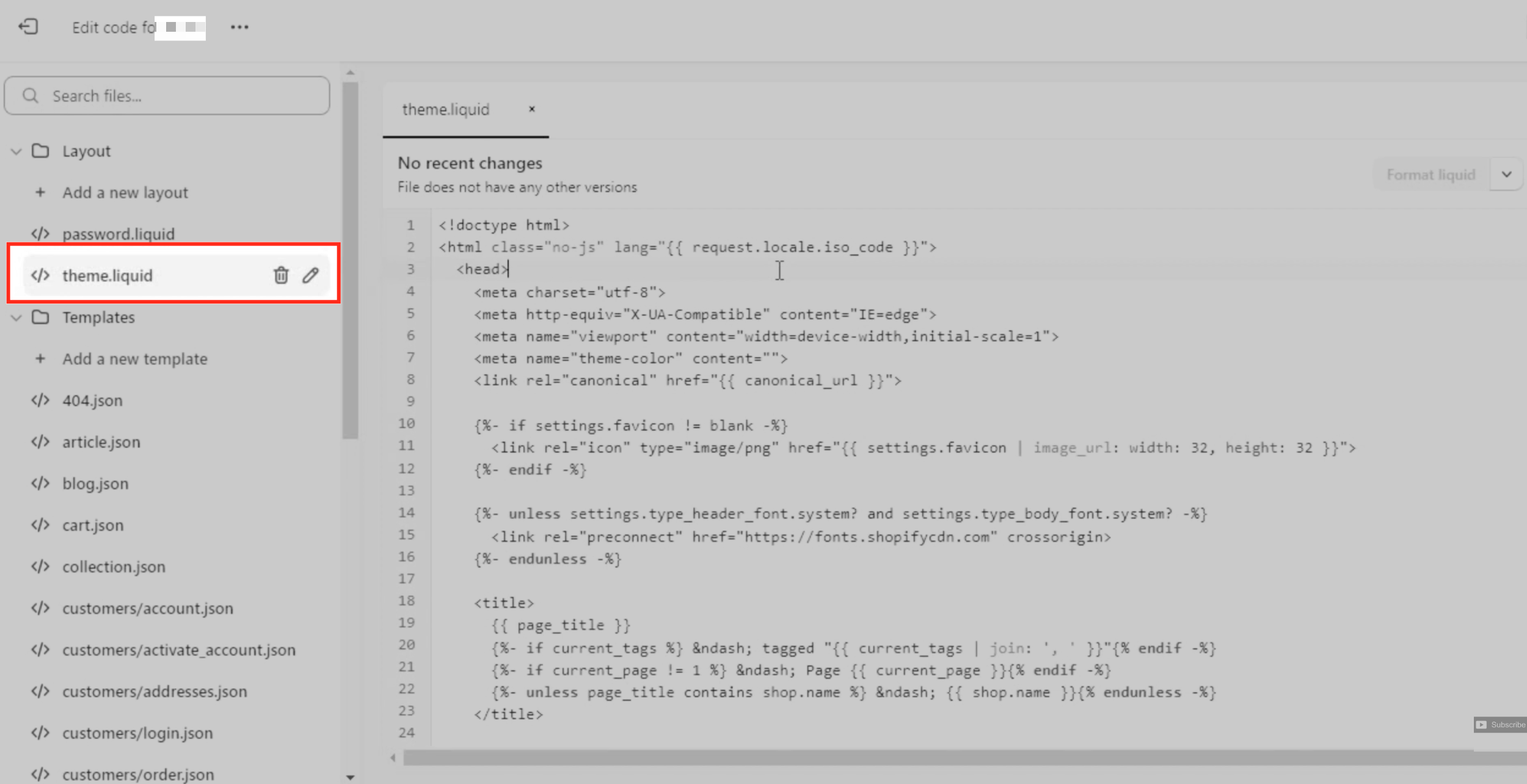 Shopify theme.liquid file with embed code added