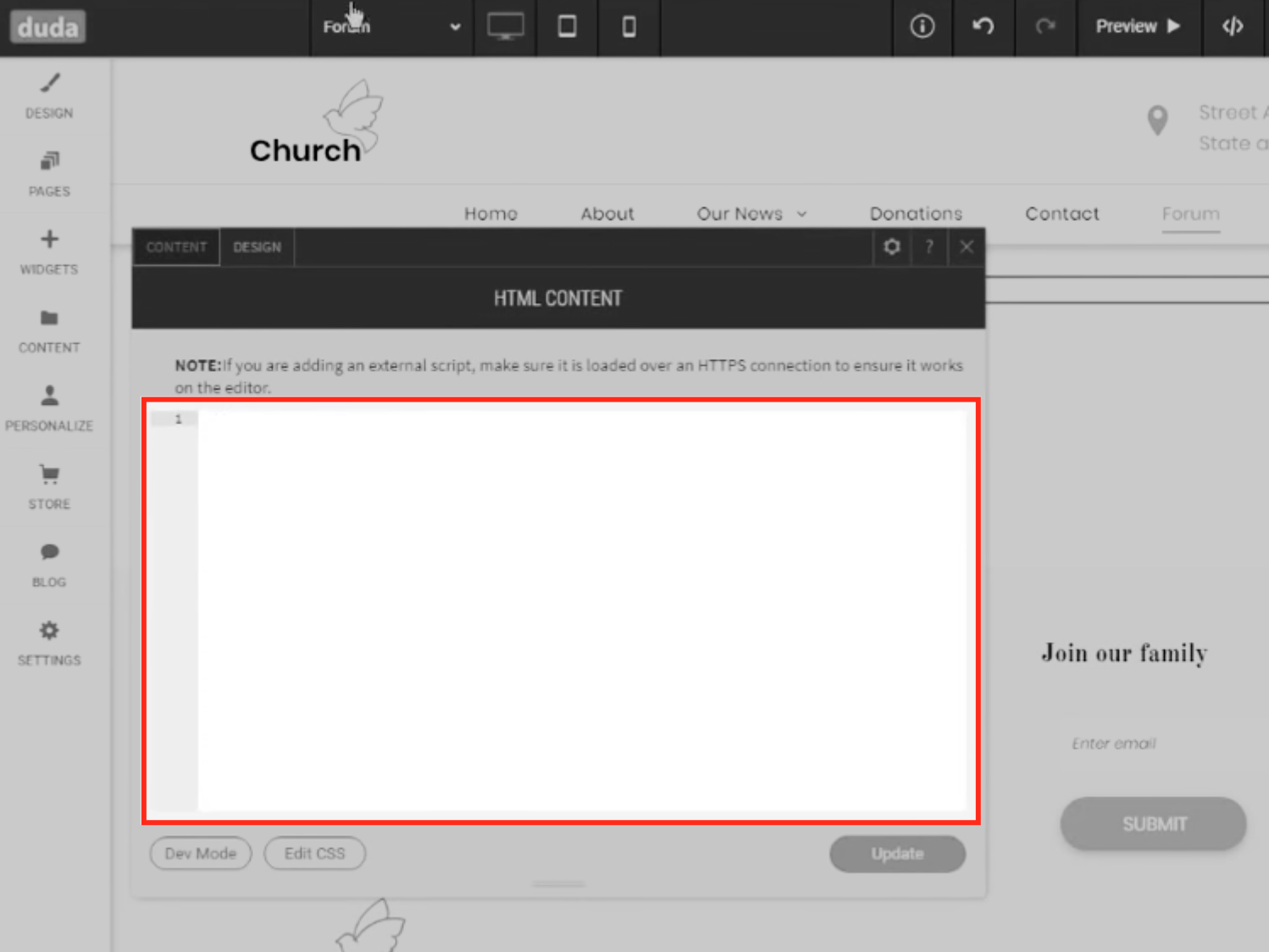 Duda HTML widget with the Captivation Hub embed code pasted in