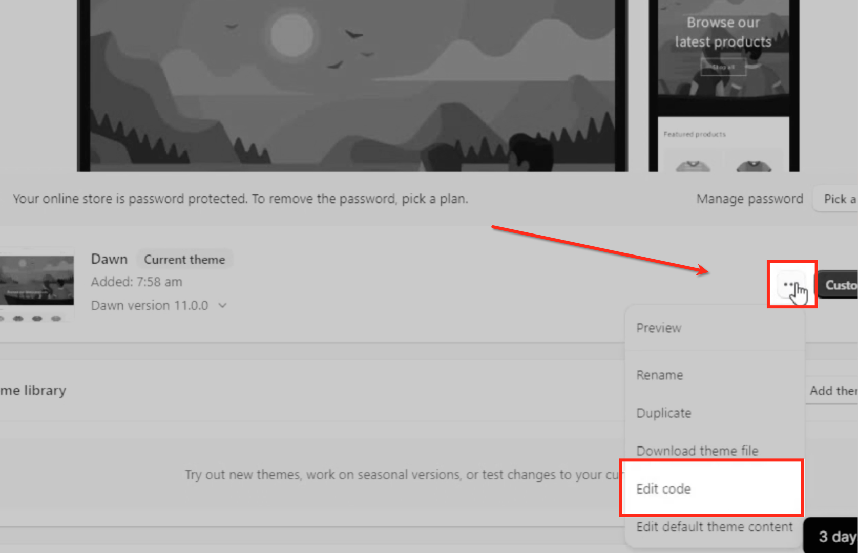 Shopify theme Actions menu — Edit Code