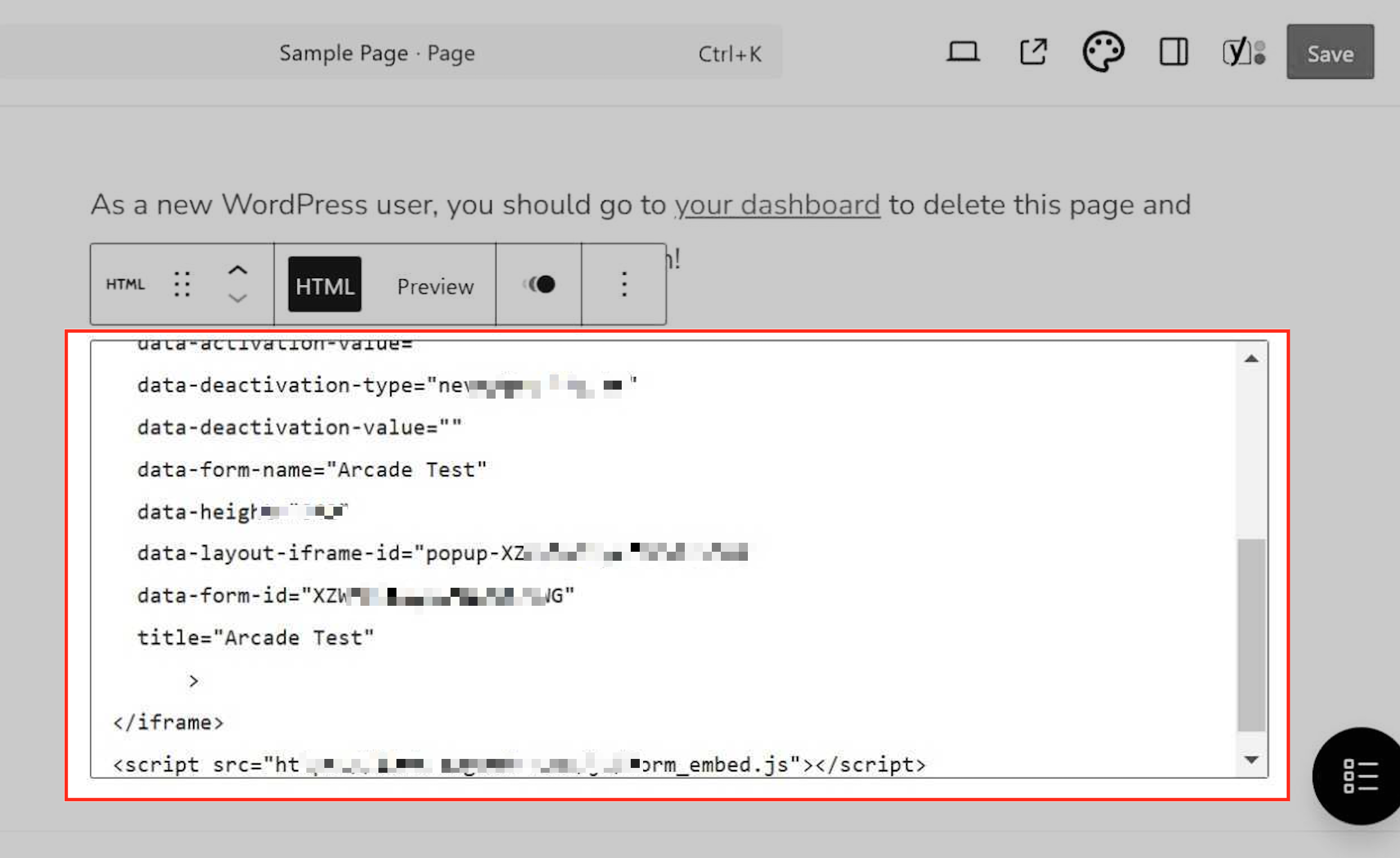 WordPress page live view showing the embedded form
