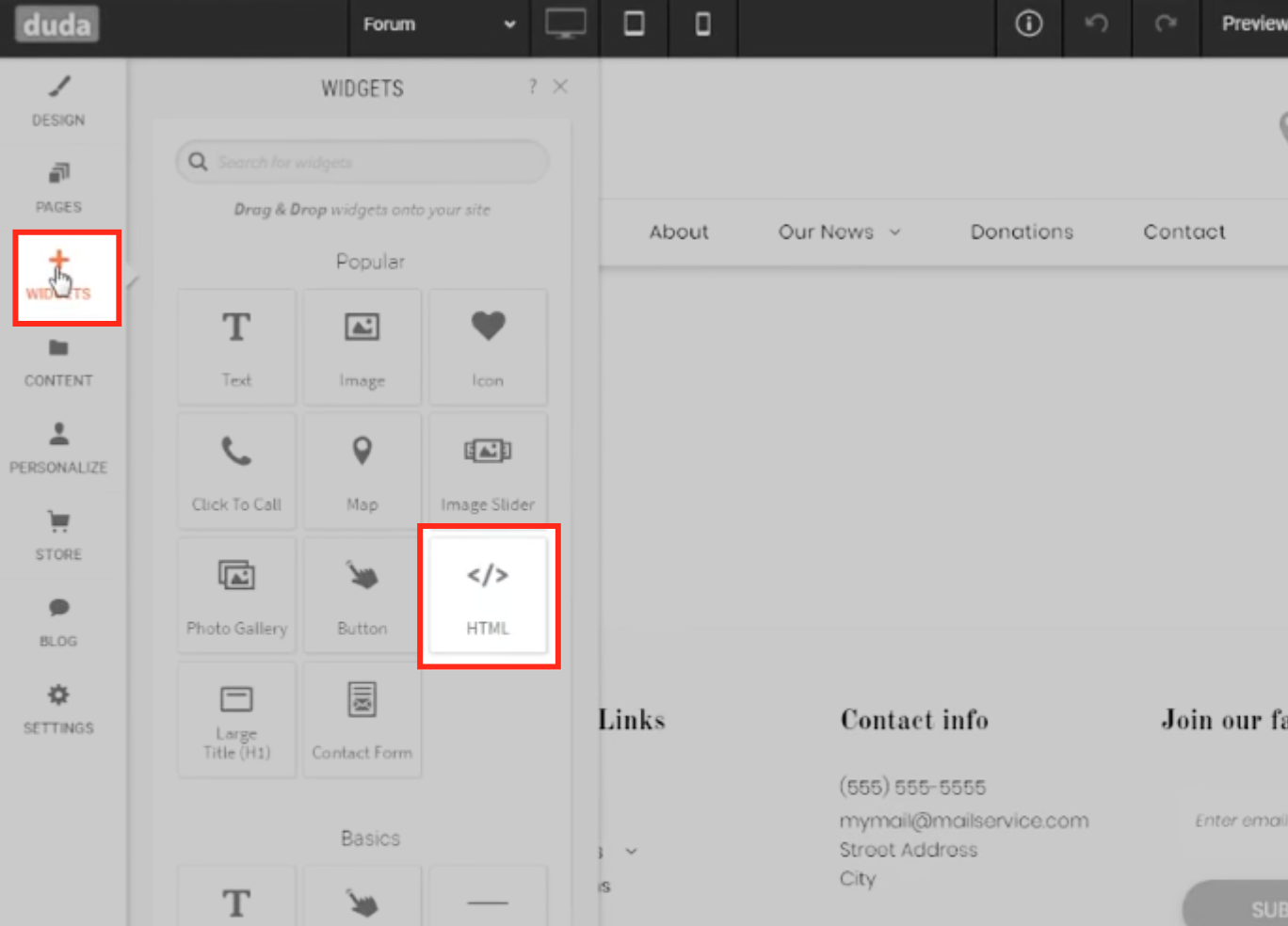 Duda editor — HTML Widget being added to the page