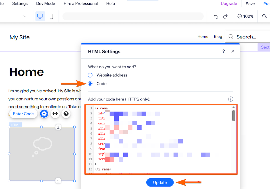 Wix embed code editor with Update button
