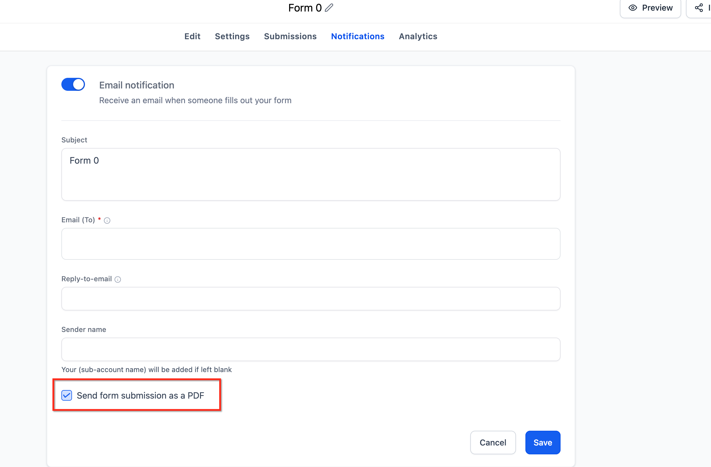 Email Notification configuration fields in the Captivation Hub form builder