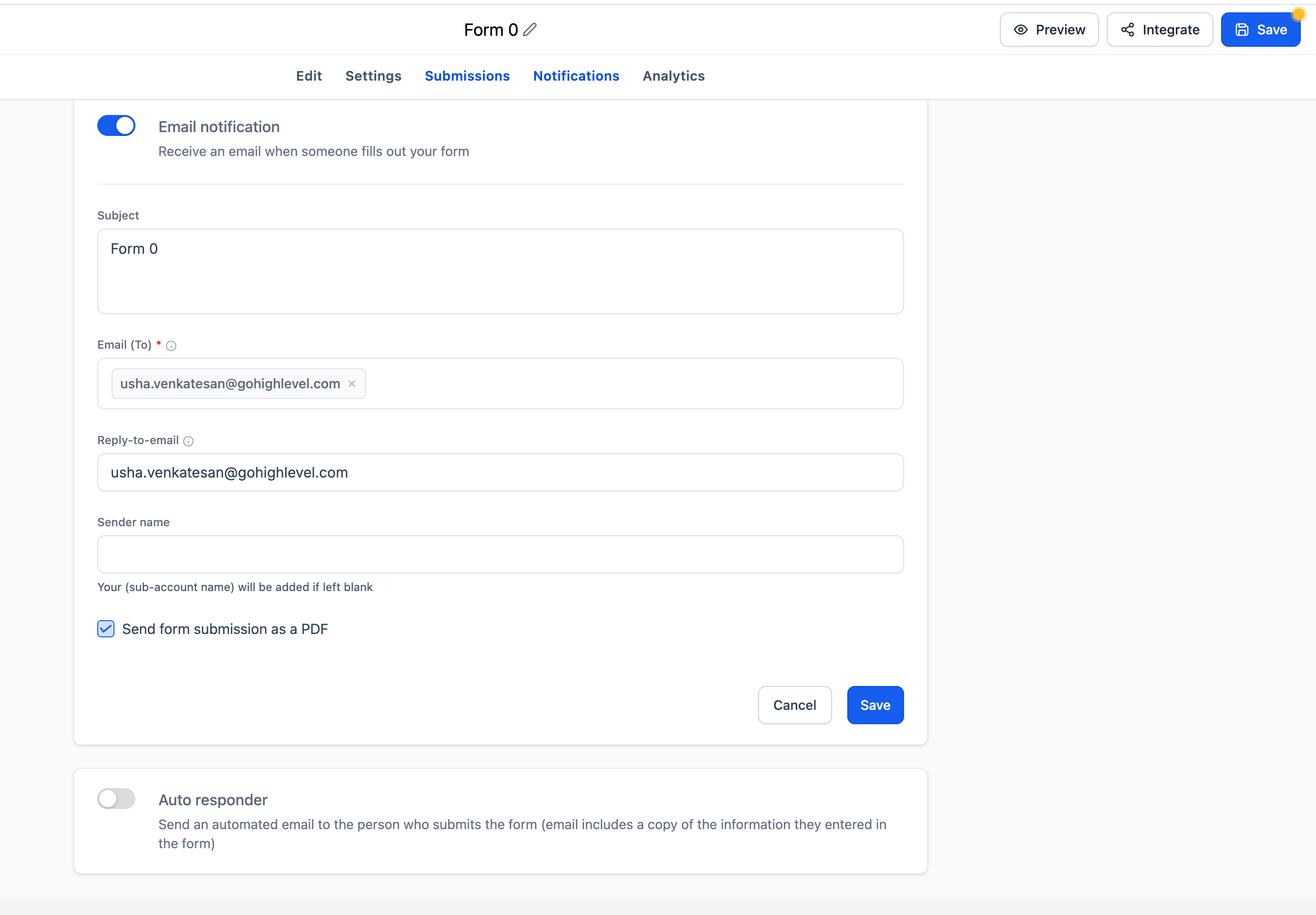 Testing the form notification setup by submitting a test response