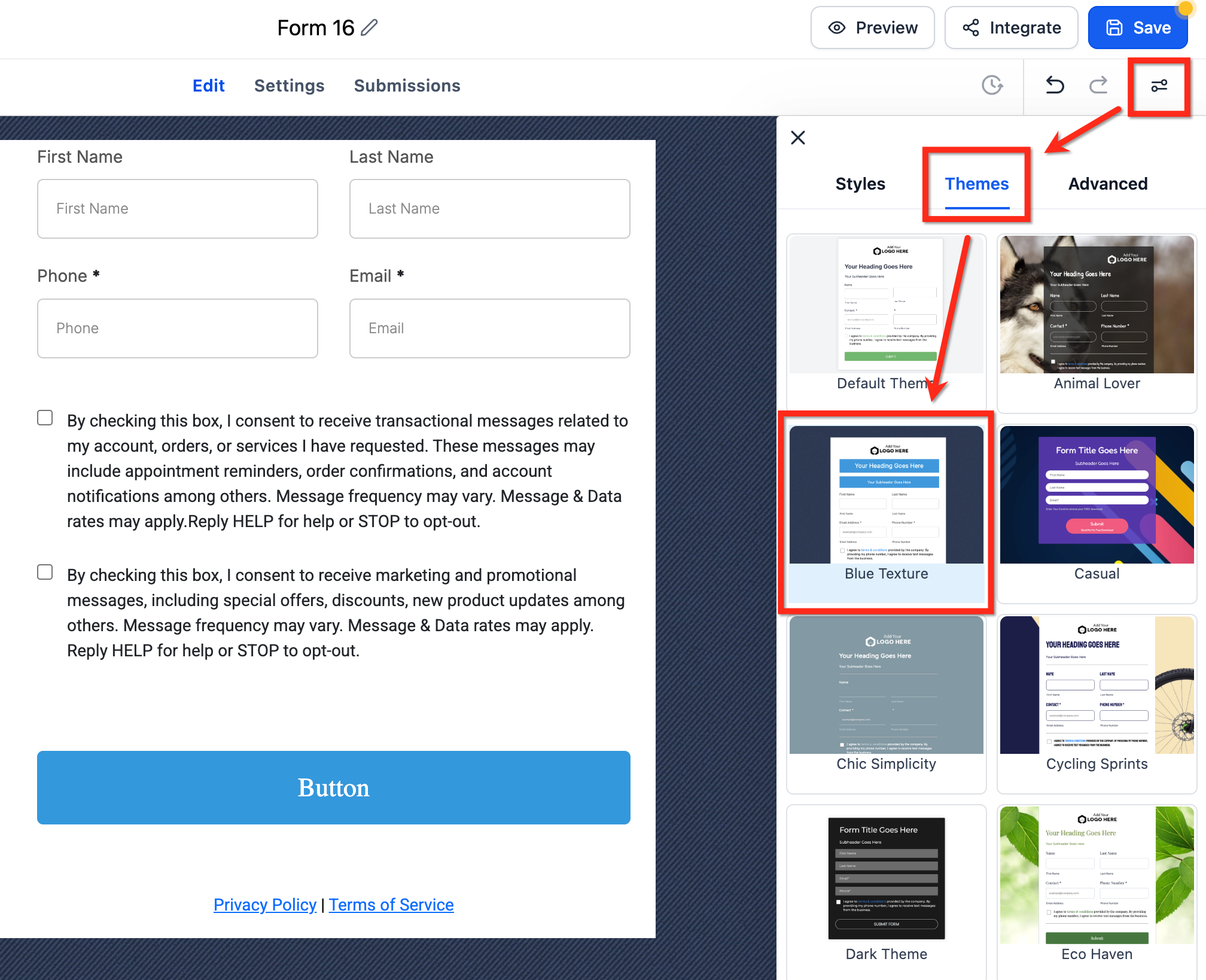 Colors and Backgrounds customization panel in the Captivation Hub form builder