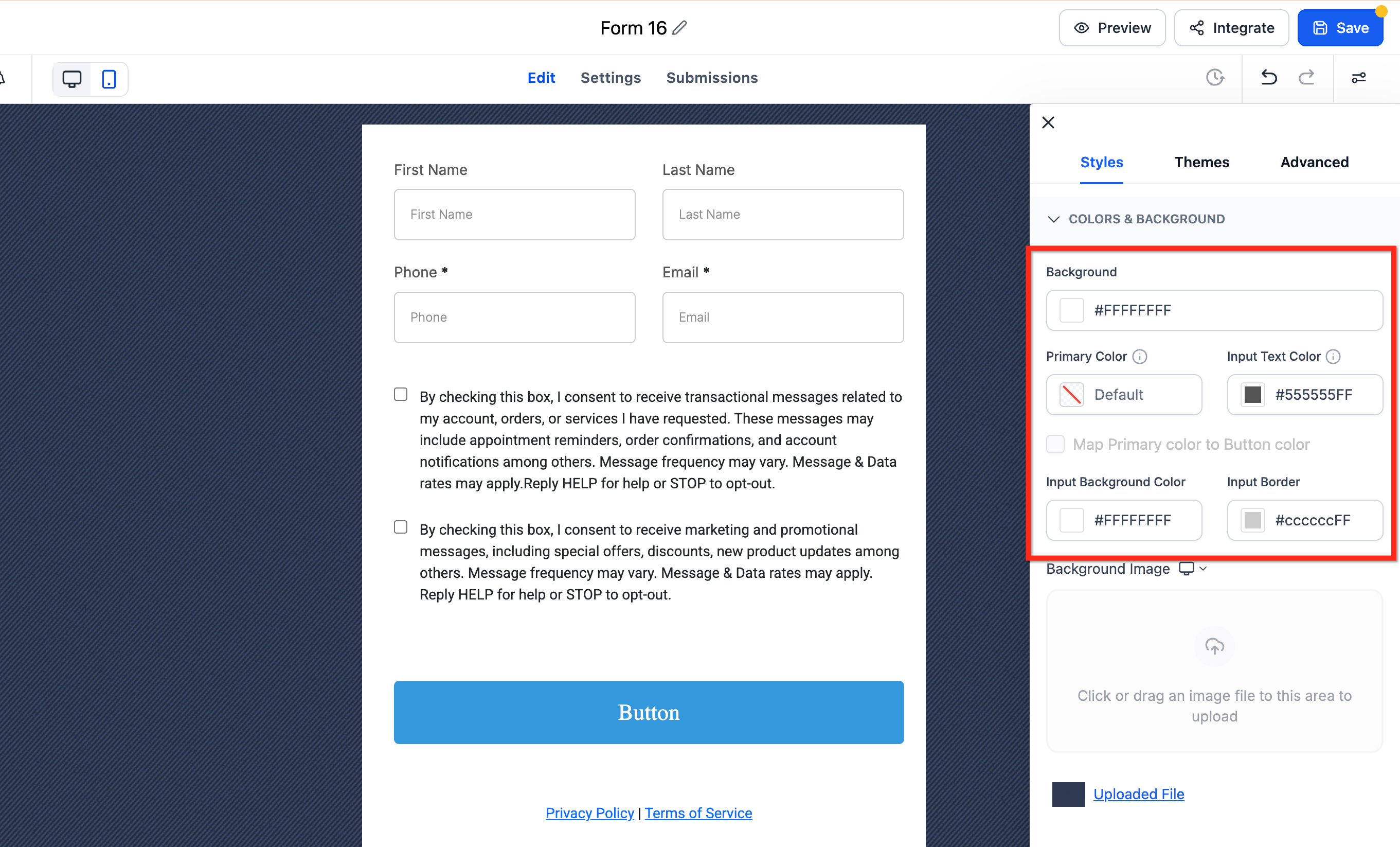 Themes tab in the Captivation Hub form builder showing available theme presets