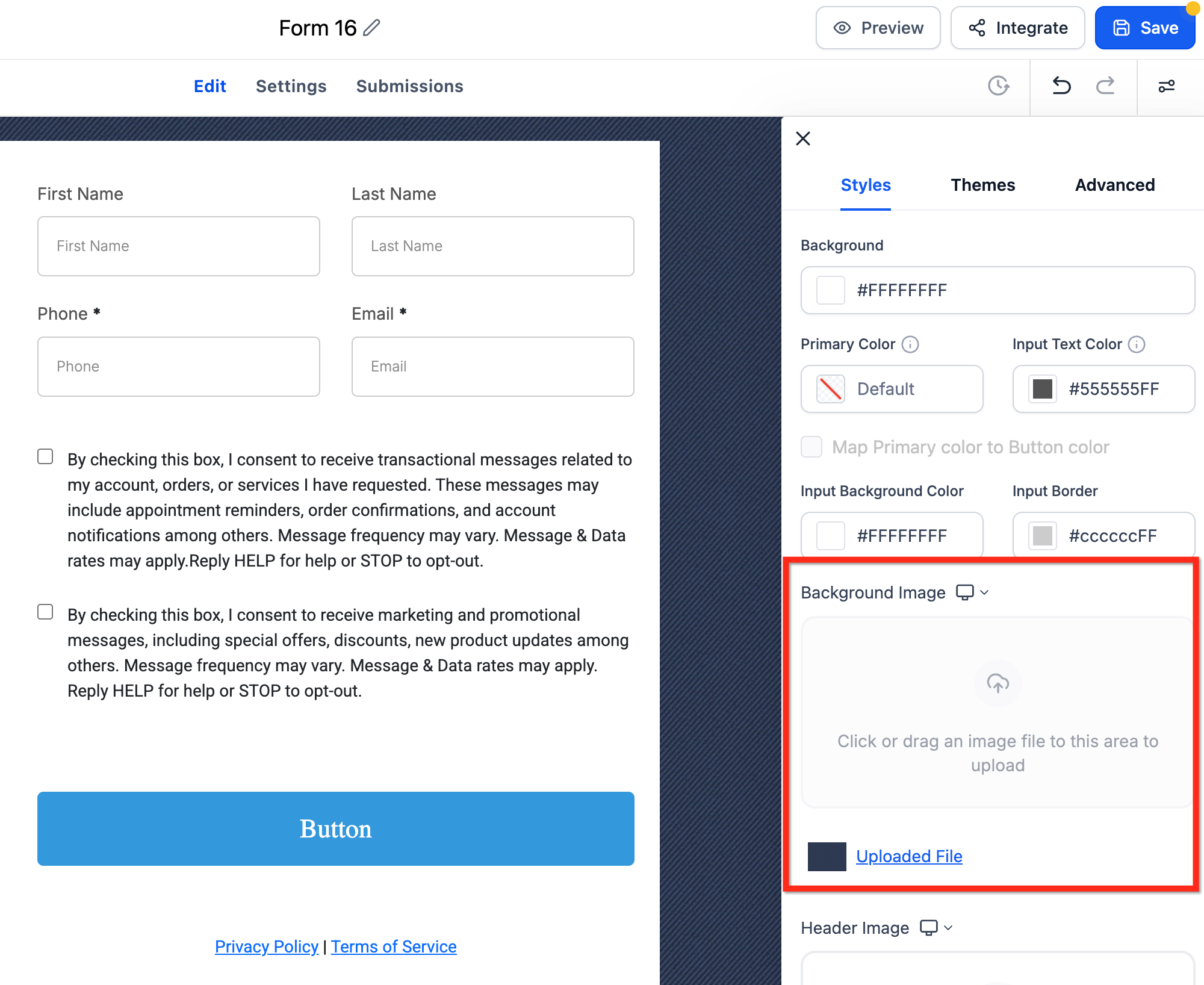 Background image settings in the Captivation Hub form builder — removing the default image before uploading a new one