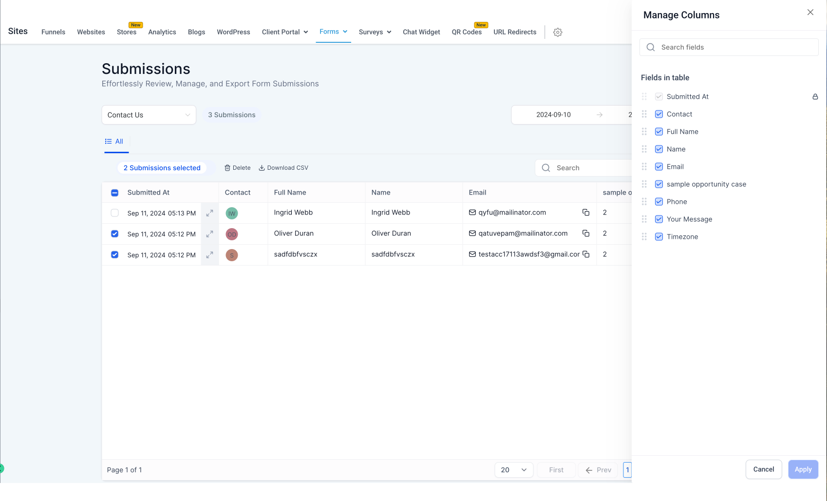 Manage Columns panel in the submissions table showing selectable and reorderable fields