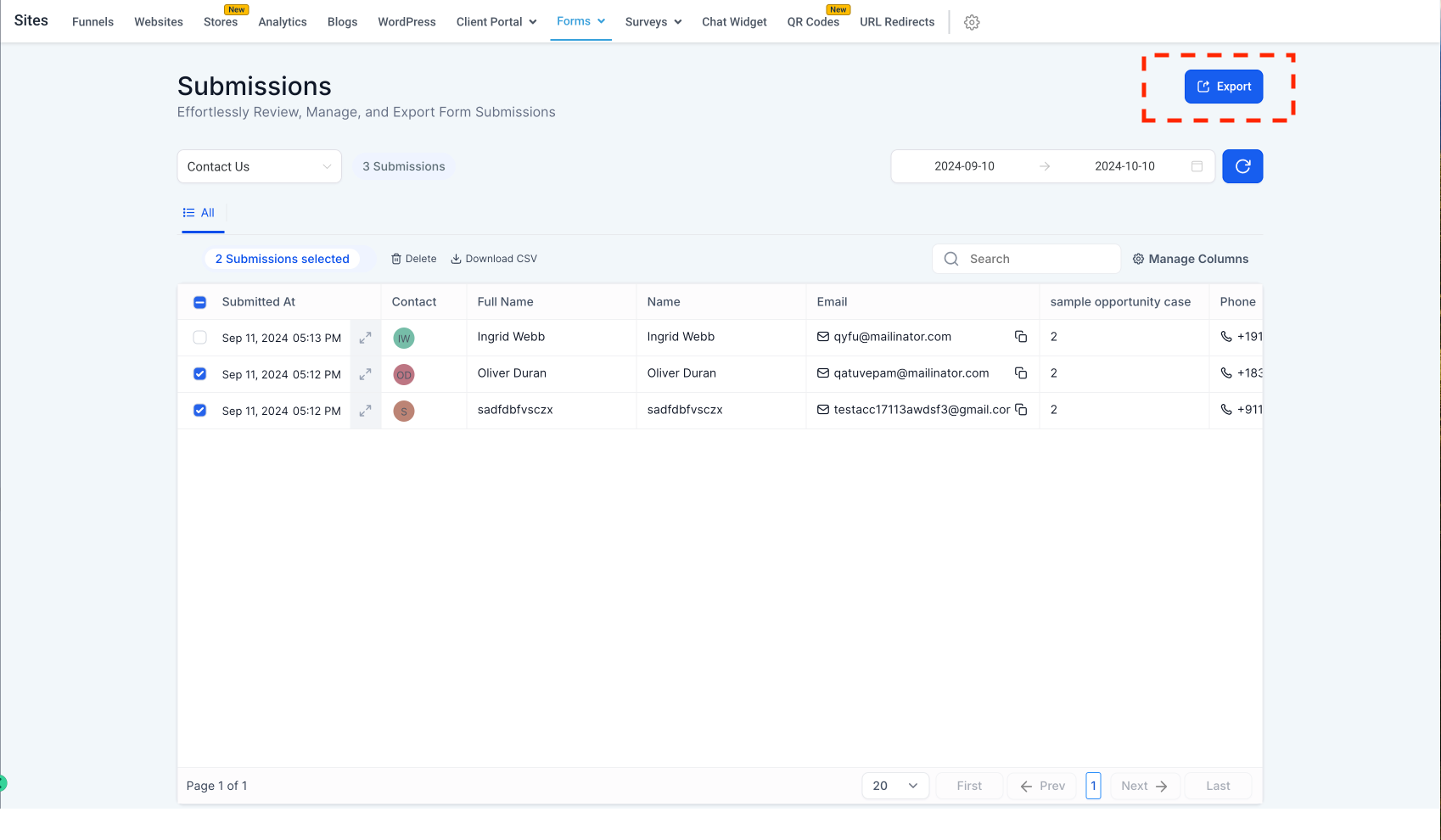 Submissions table with checkboxes selected and download or delete options visible