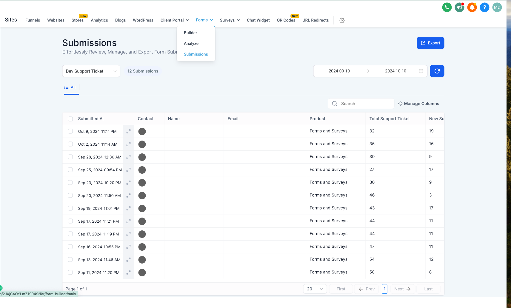 Forms section in Captivation Hub showing the Submissions tab